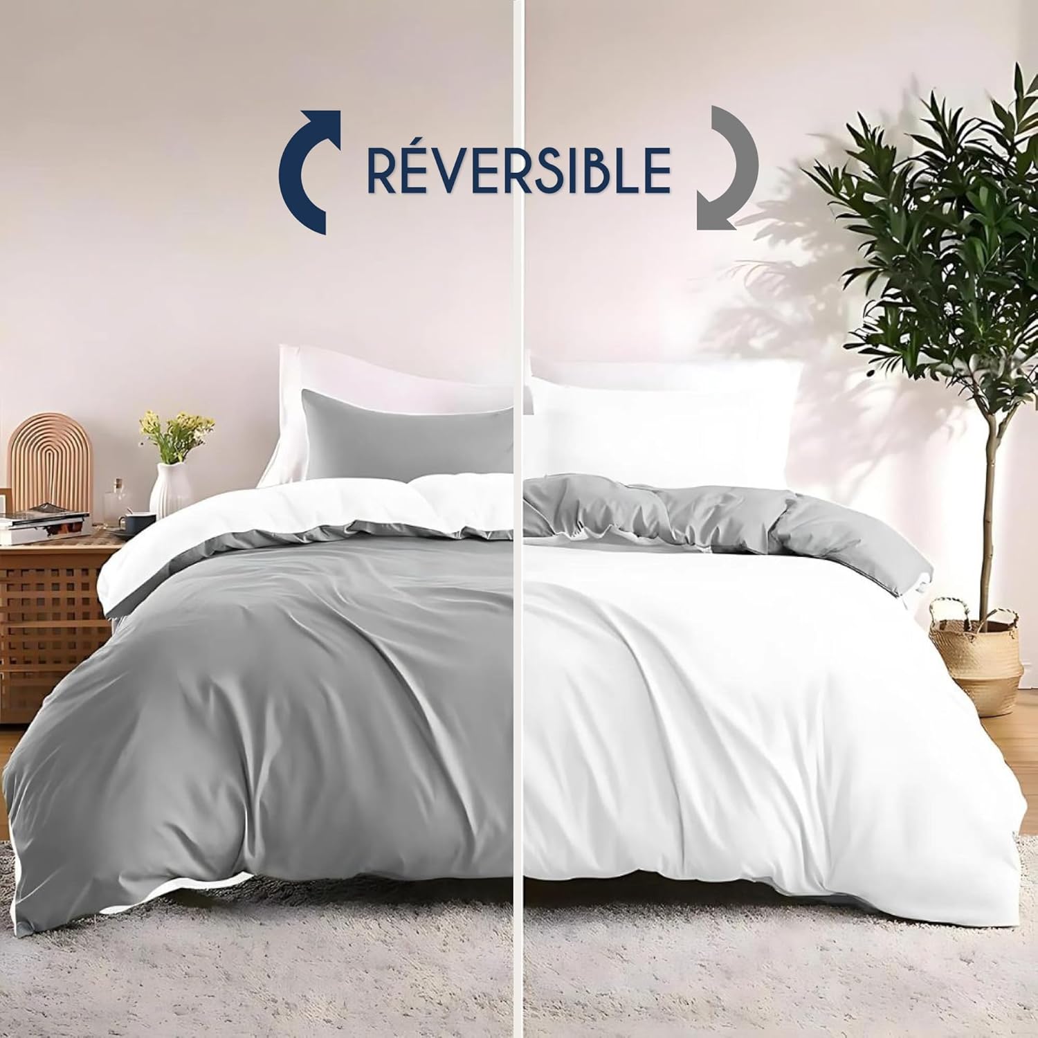 Thumbnail 3 de Dreamzie Parure de lit 200x200 en microfibre : housse de couette 200x200 et 2 taies 65x65 gris clair/blanc