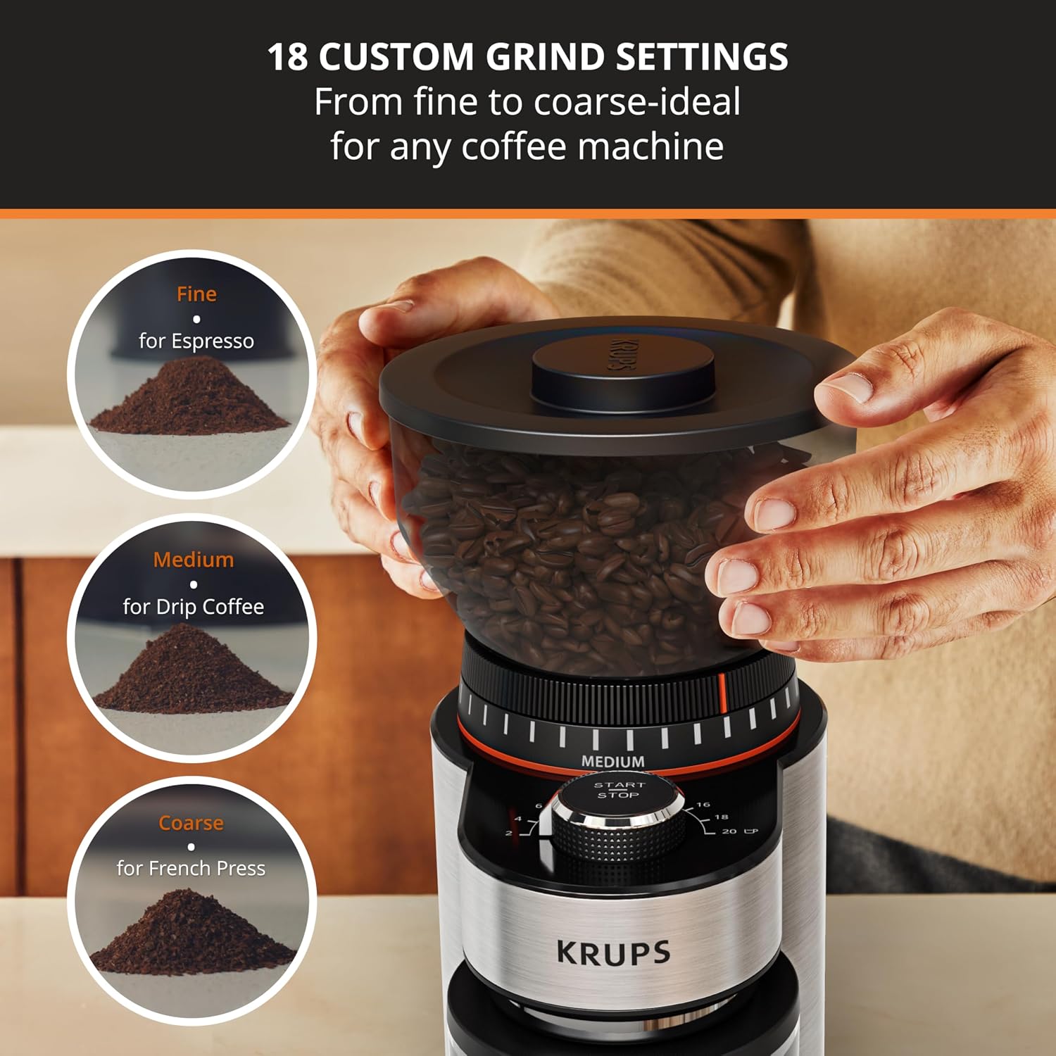 Detalle de KRUPS Flat Burr Coffee Grinder Electric, 18 Adjustable Settings, 2-20 Cups, Stainless Steel, Black