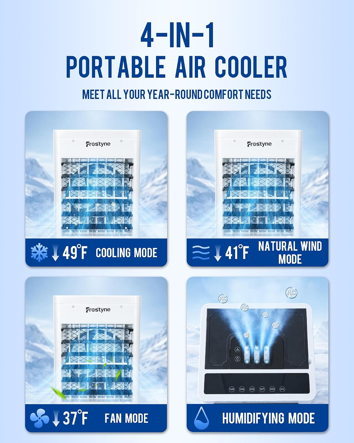 Thumbnail 3 de Frostyne Portable Evaporative Air Cooler with Humidifier (3Gal Tank, 10 Ice Packs, 6 Speeds, 4 Modes) – Black