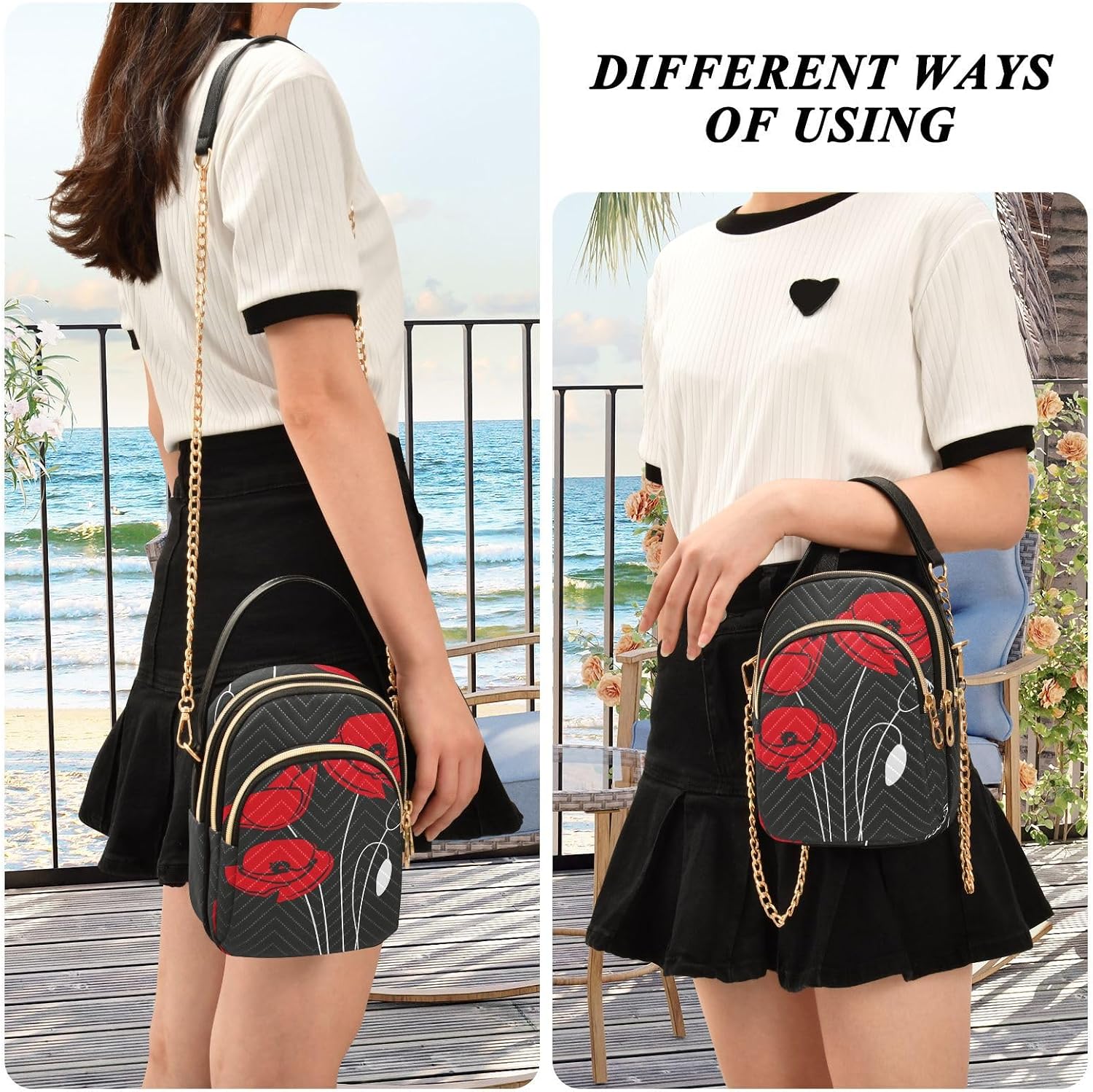 Detalle 2 de Mnsruu Crossbody Bag for Women – Red Poppy on Black, Compact Yet Practical