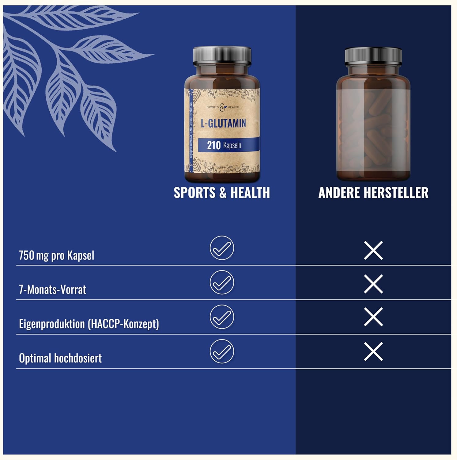 Detalle de L-Glutamin Kapseln (210 Kapseln) mit 750 mg pro Tagesdosis – vegan
