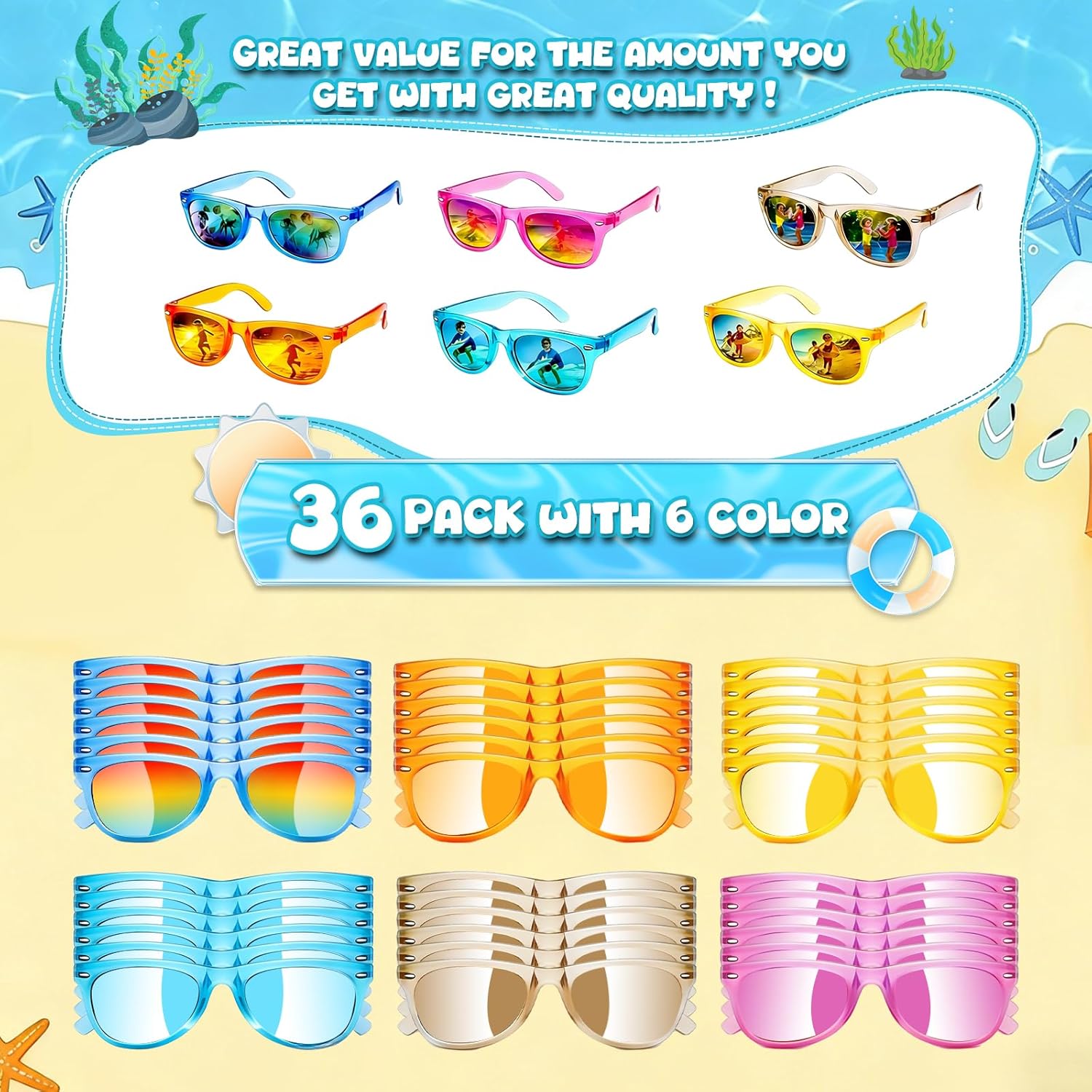 Thumbnail 1 de 36 Pack Kids Neon Sunglasses with UV400 Protection – Polarized, Fun Party Favors for Ages 3–8
