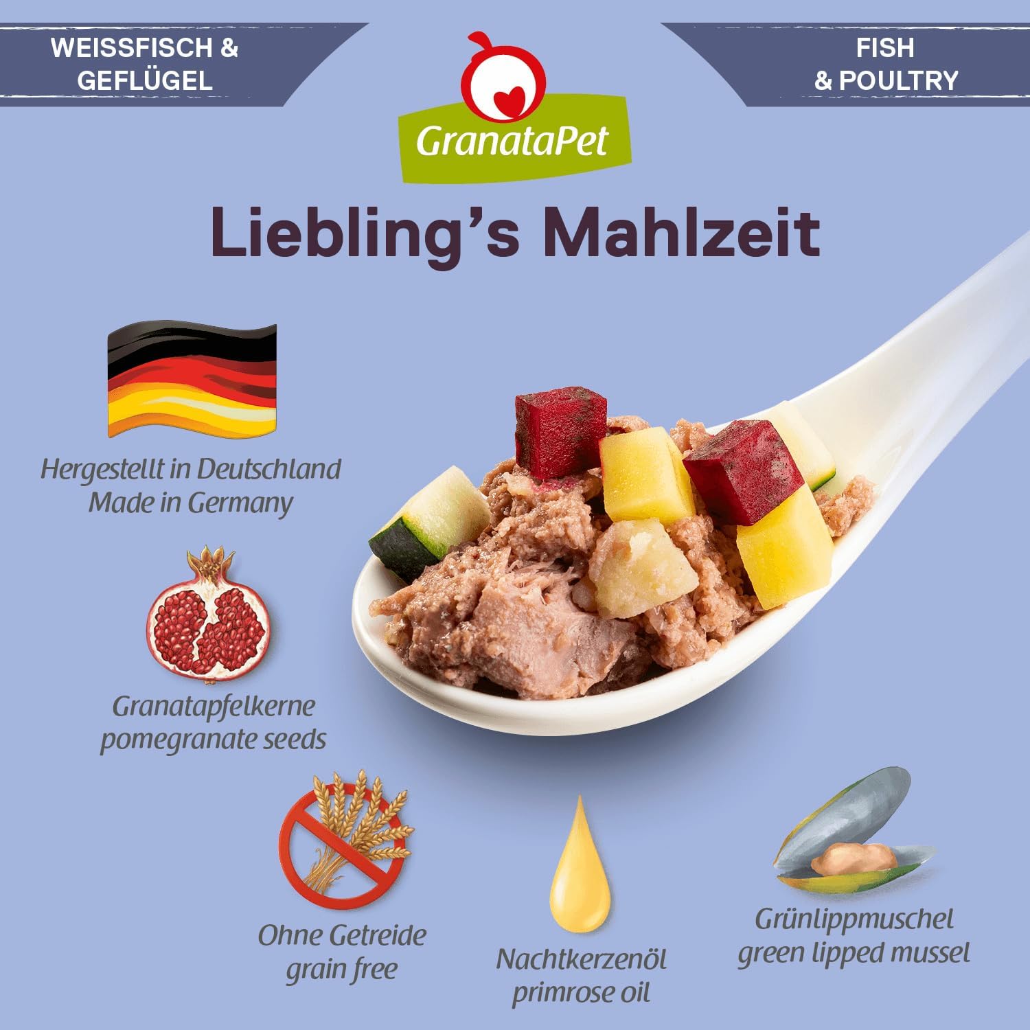 Detalle de GranataPet Liebling's Mahlzeit Weißfisch & Geflügel – Nassfutter für Hunde, getreidefrei, 6 x 800 g
