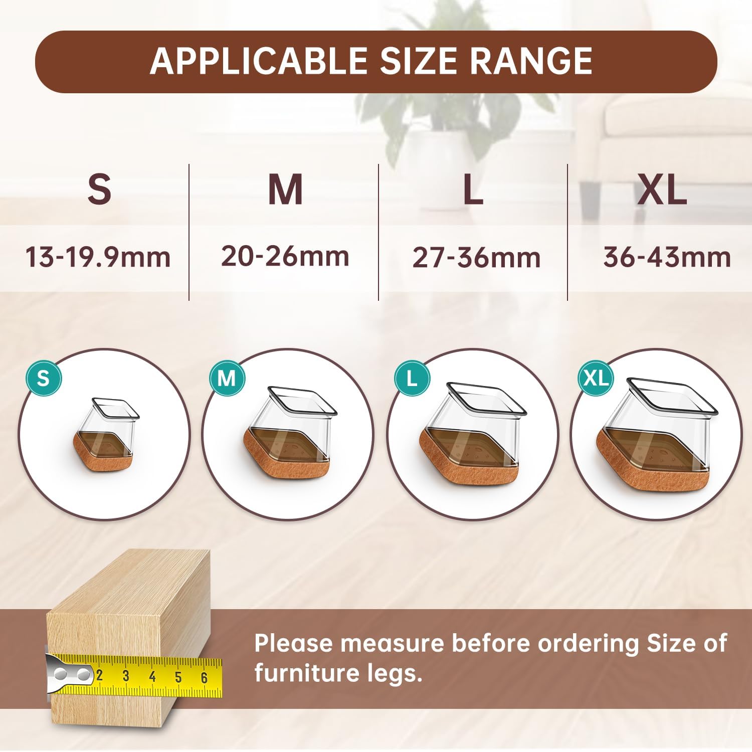 Thumbnail 1 de 32 Pezzi Gommini per Sedie Quadrati con Feltro e Silicone — Protezione per Pavimenti in Legno (20-26 mm)