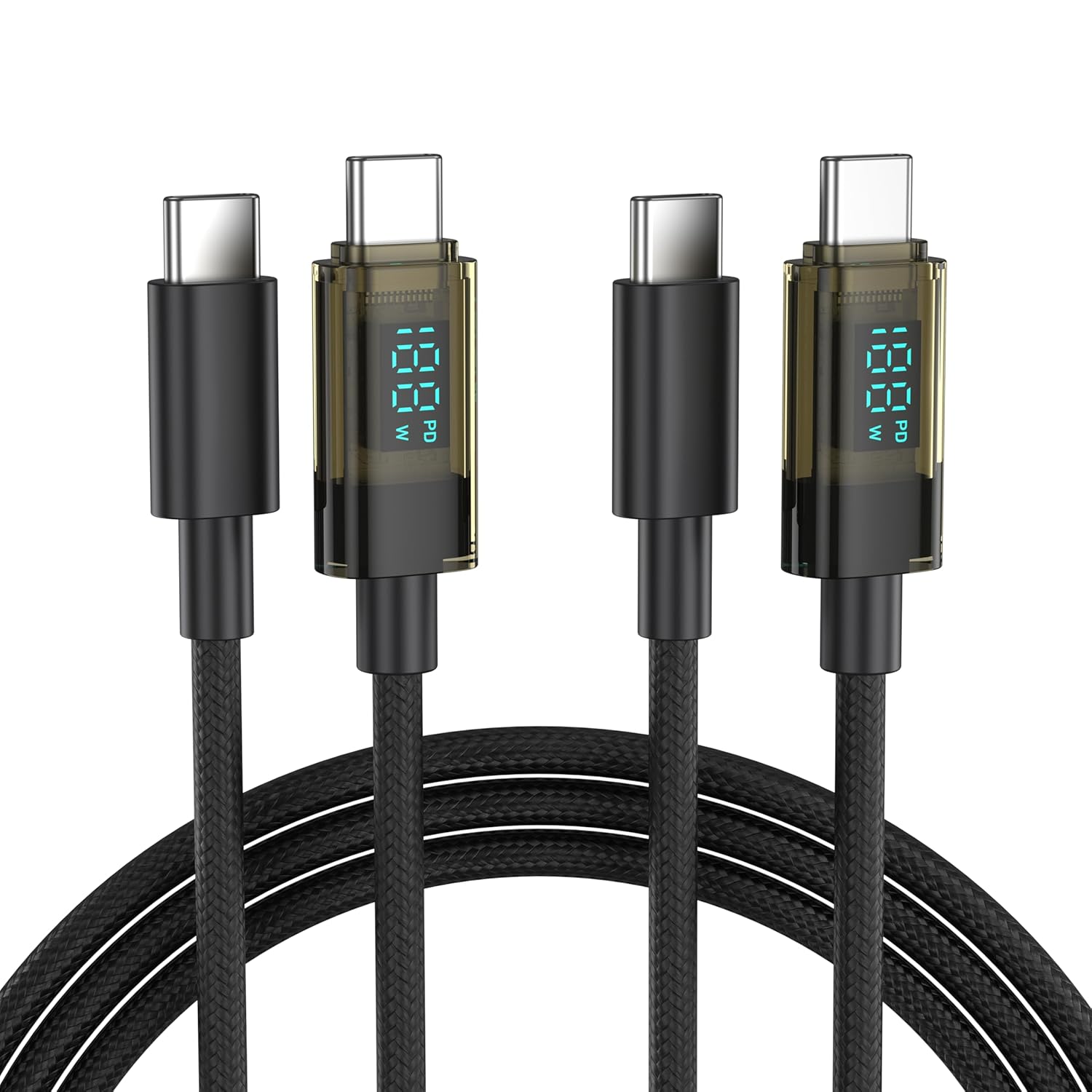 Detalle de BENFEI 100W USB-C auf USB-C Kabel mit LED-Display, 2er-Pack 1 m – Transparentes Schnellladekabel mit E-Marker