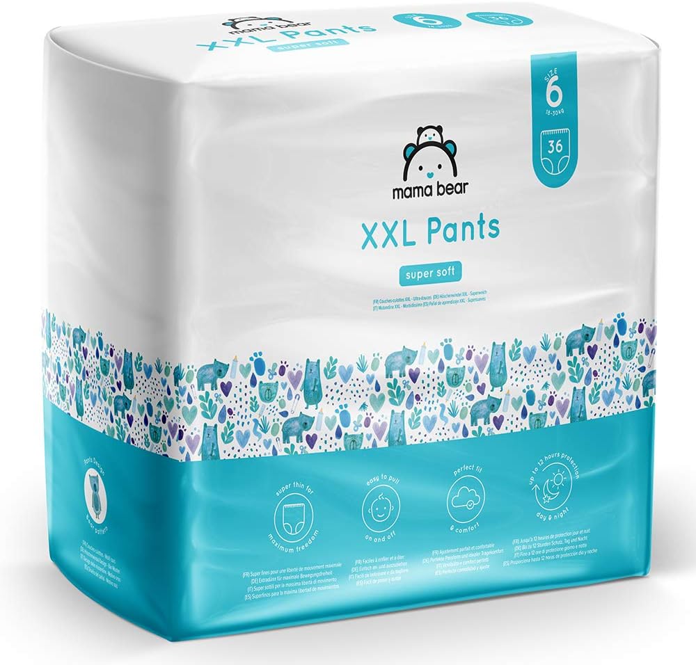 Detalle 2 de Mama Bear Höschenwindeln XXL Größe 6 (18-30 kg) – 72 Stück (2 Packungen mit 36) – extradünn, passgenau und nachhaltig