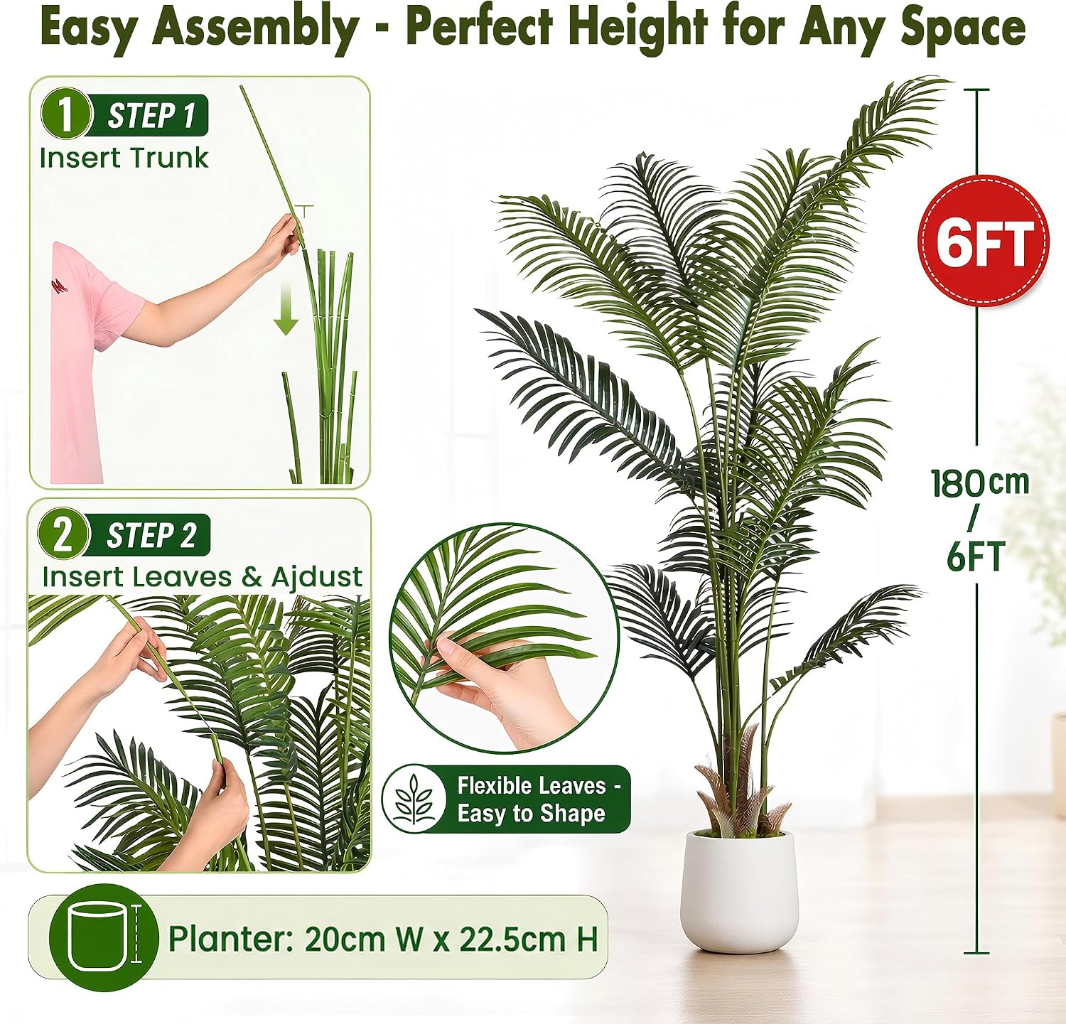 Detalle de ZKIODV FP-180 Artificial Palm Tree, 180 cm, White Planter, 13 Leaves