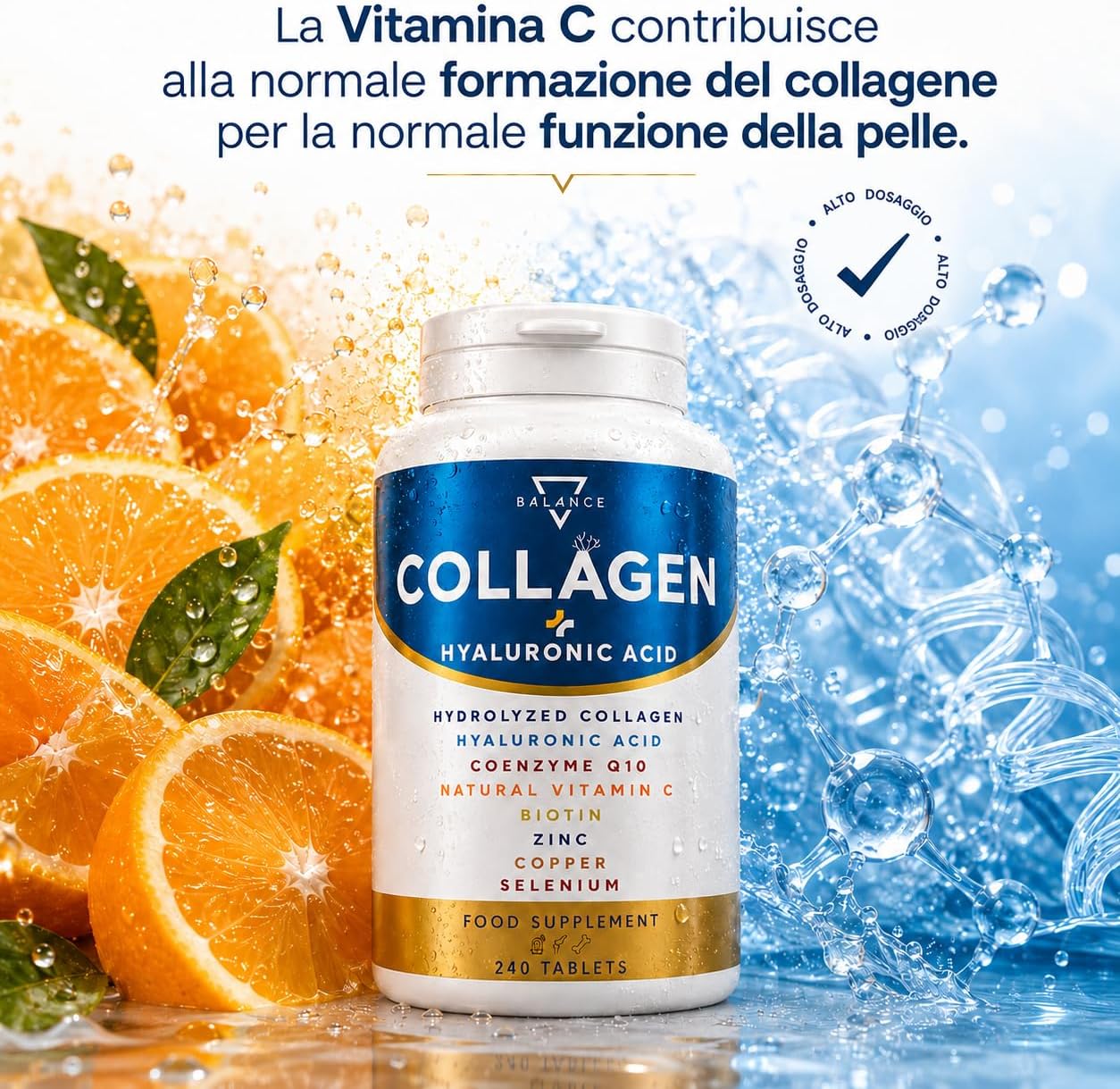 Detalle de COLLAGENE IDROLIZZATO 2000MG - 240 COMPRESSE: Collagene di Tipo 1, Acido Ialuronico e micronutrienti per la pelle e i tessuti
