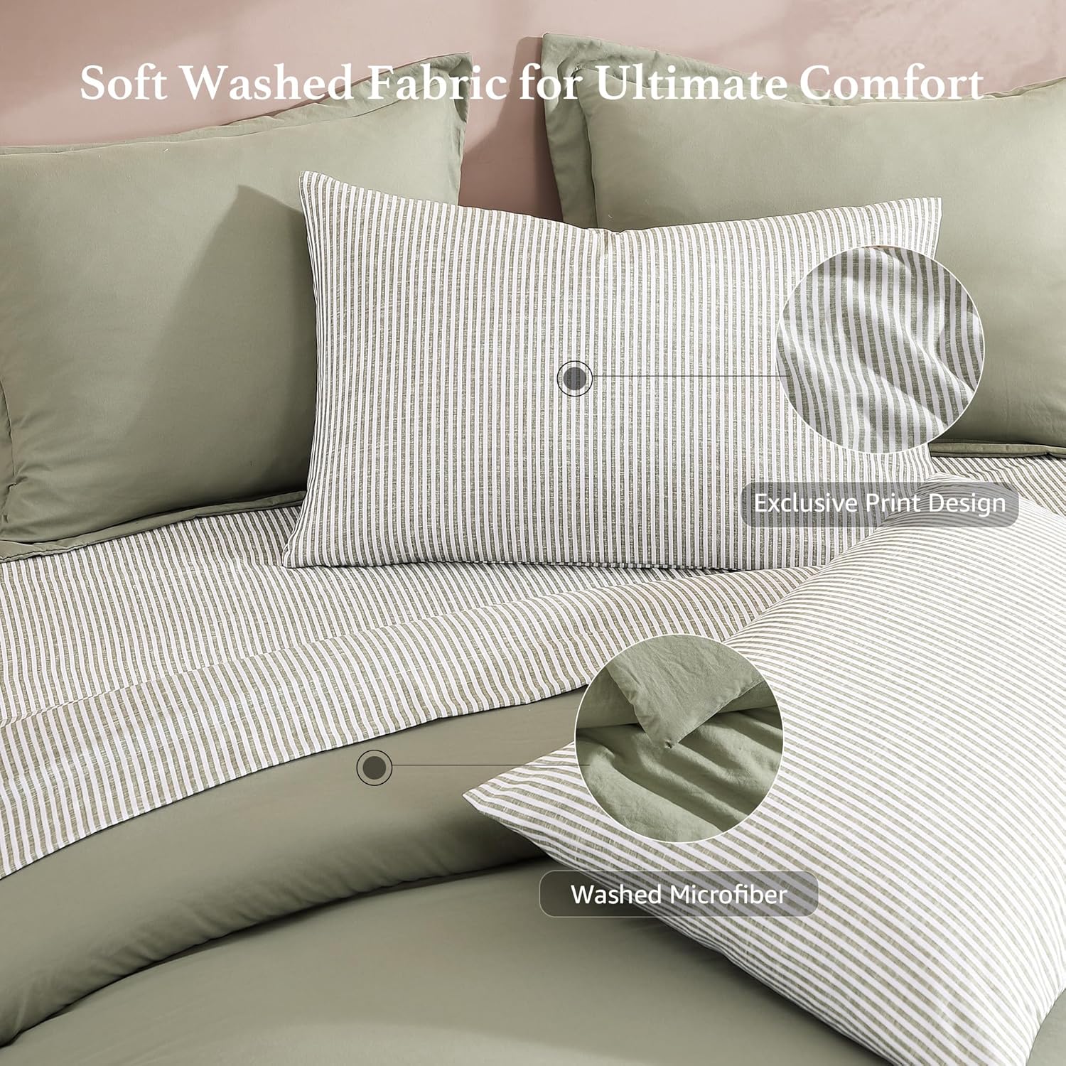 Thumbnail 4 de Monbix Queen Comforter Set - 7 Pieces Green Prewashed Bed in a Bag