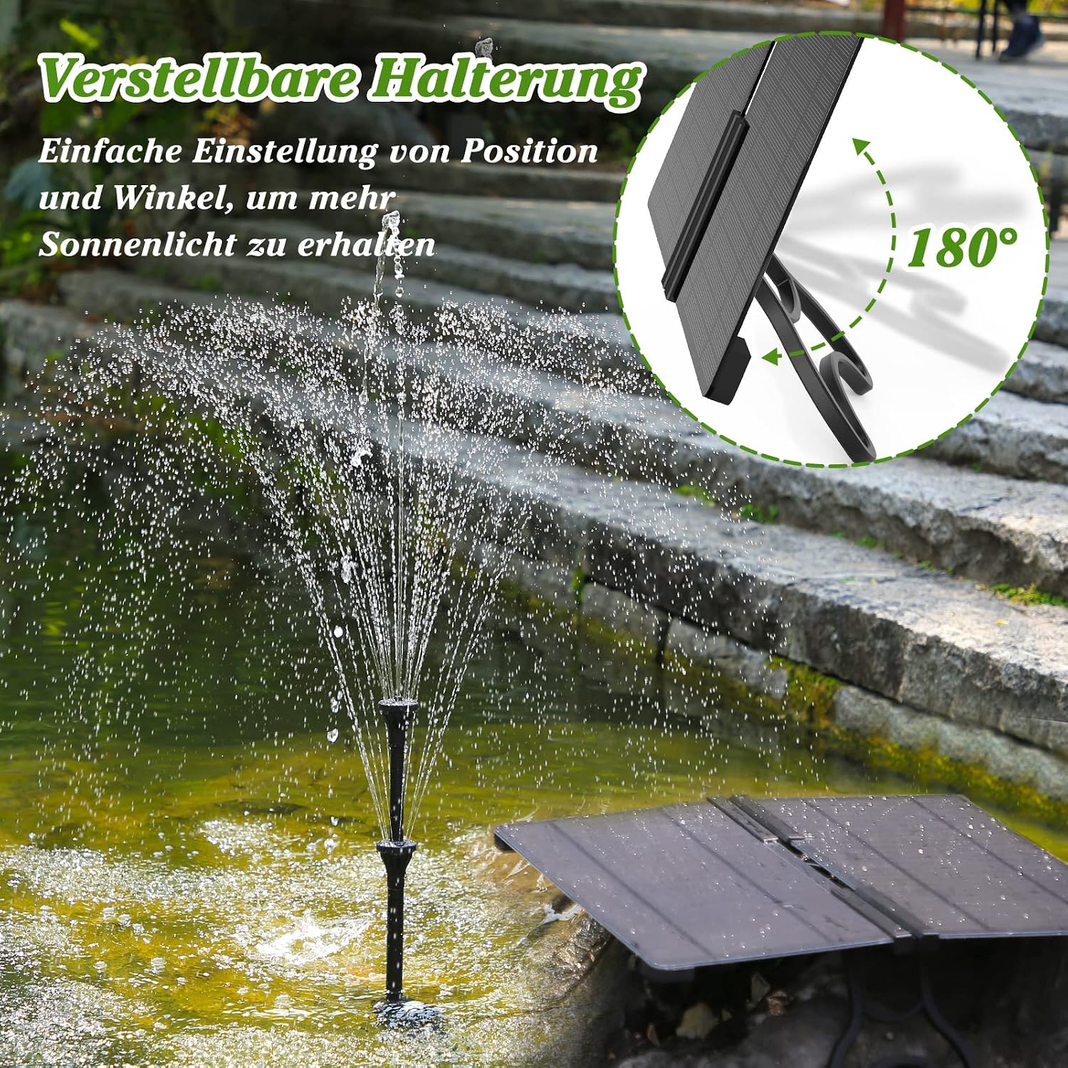 Detalle de AMZtime Solar Springbrunnen für Außen – 20W Solarpumpe mit verstellbarem Ständer und 6 Fontänenstilen