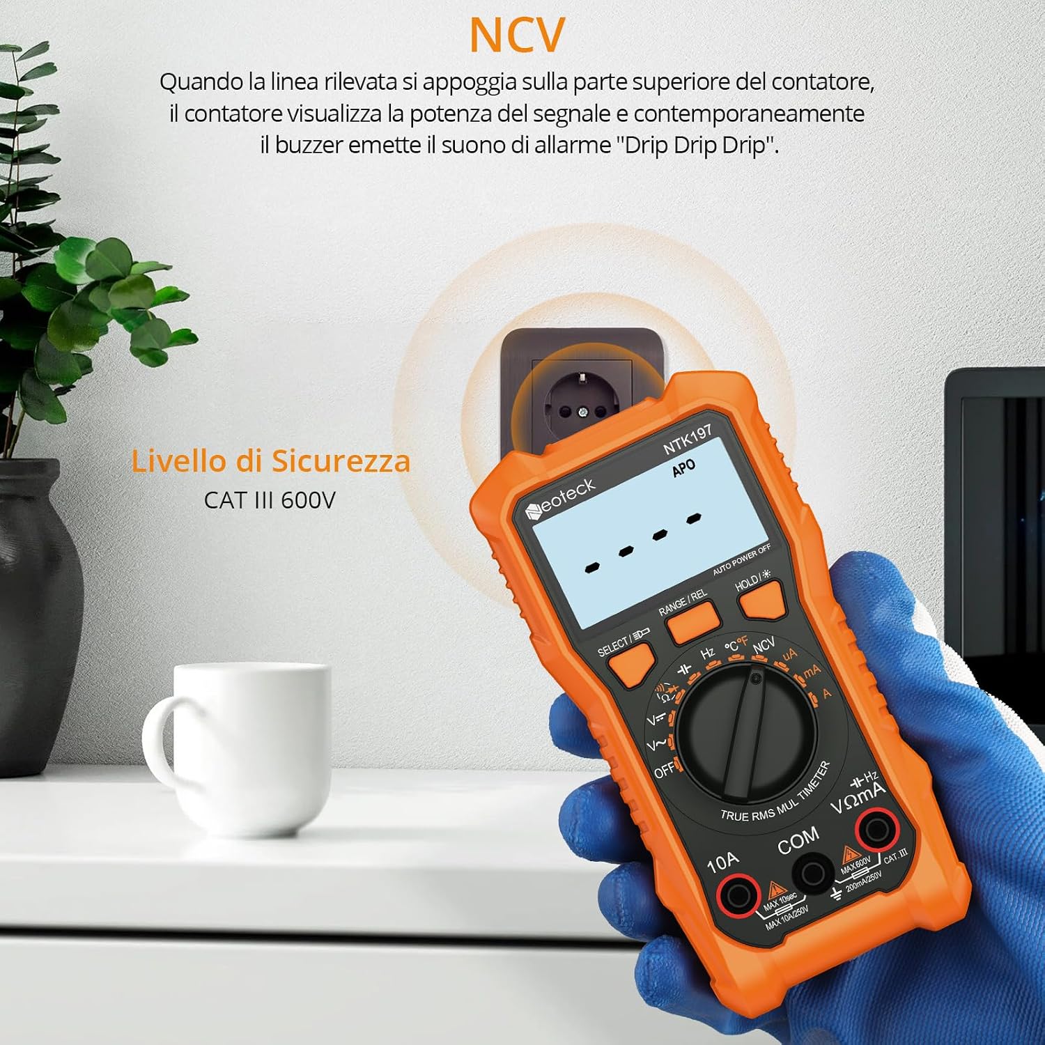 Detalle 2 de Neoteck Multimetro Digitale 2000 Conti TRMS NCV 10A: versatilità e praticità per elettricisti e hobbisti