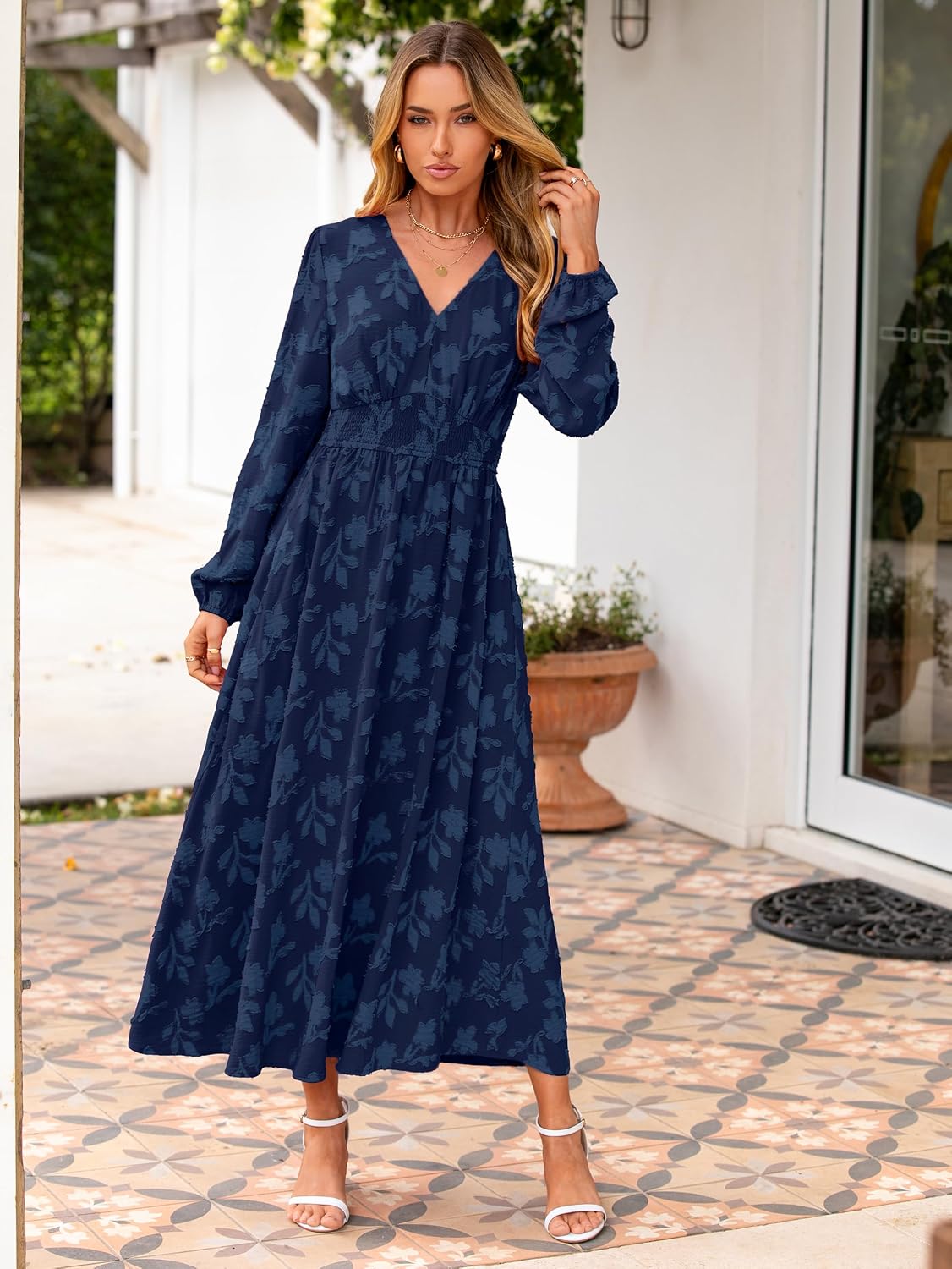 Detalle de Simplee Women's Boho Floral Maxi Dress, Long Sleeve V-Neck with Pockets