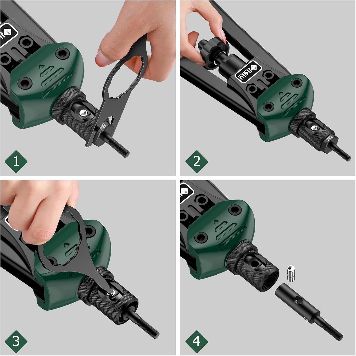 Detalle de JiGiU 16" Rivet Nut Tool Kit: Heavy-Duty Nutsert Gun with 7 Mandrels and 110 Rivet Nuts
