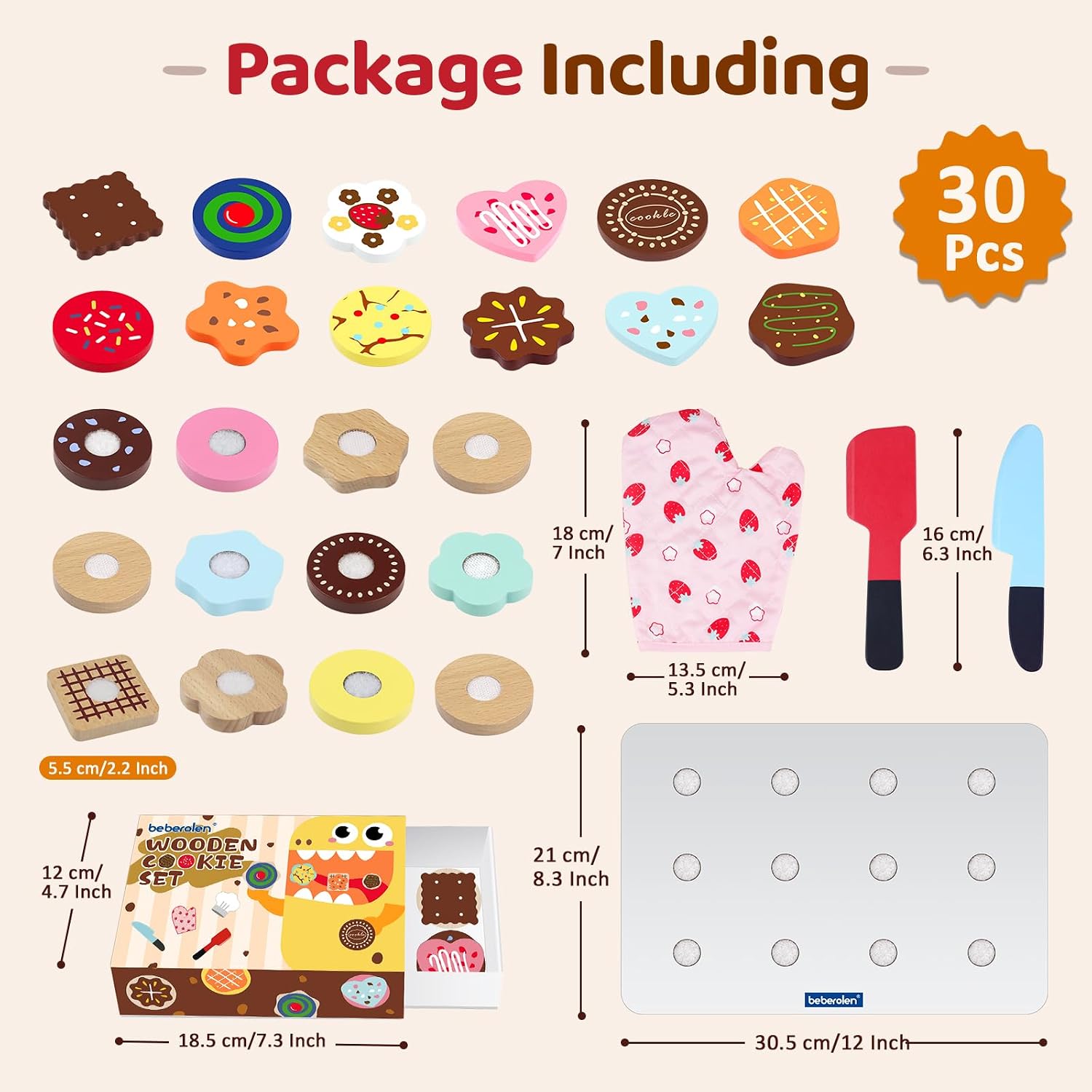 Thumbnail 1 de Beberolen Wooden Cookie Play Food Set – 12 Sliceable Cookies, 12 Toppings, Knife, Spatula & More for Toddlers