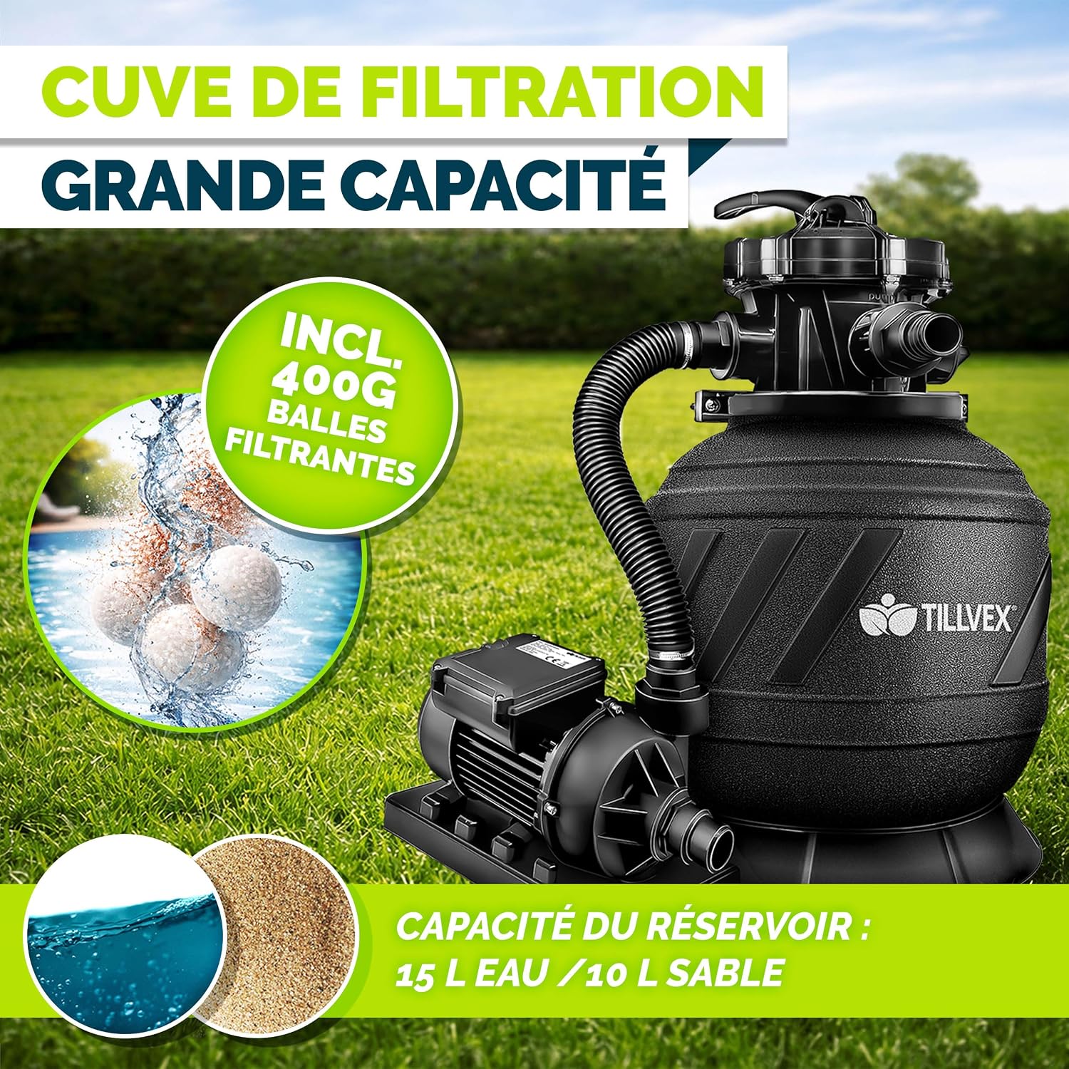 Detalle 2 de Système de filtre à sable tillvex® 7.900 L/h avec vanne 7 voies et indicateur de pression (adaptateur 2en1 Ø32-38 mm)