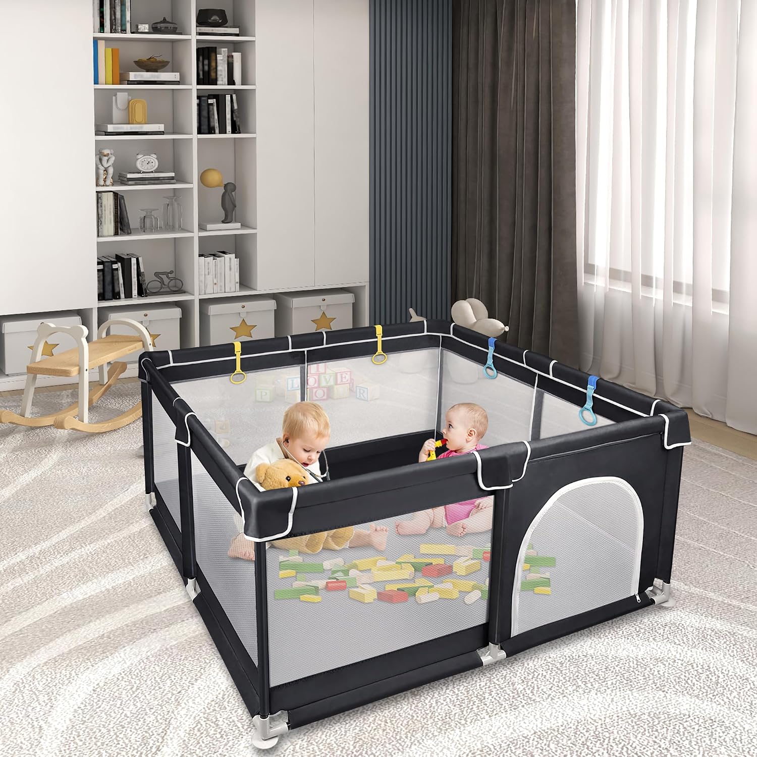 Detalle de UISEBRT kinderbox 127 x 127 cm met antislipbodem, ademend net en 50 ballen