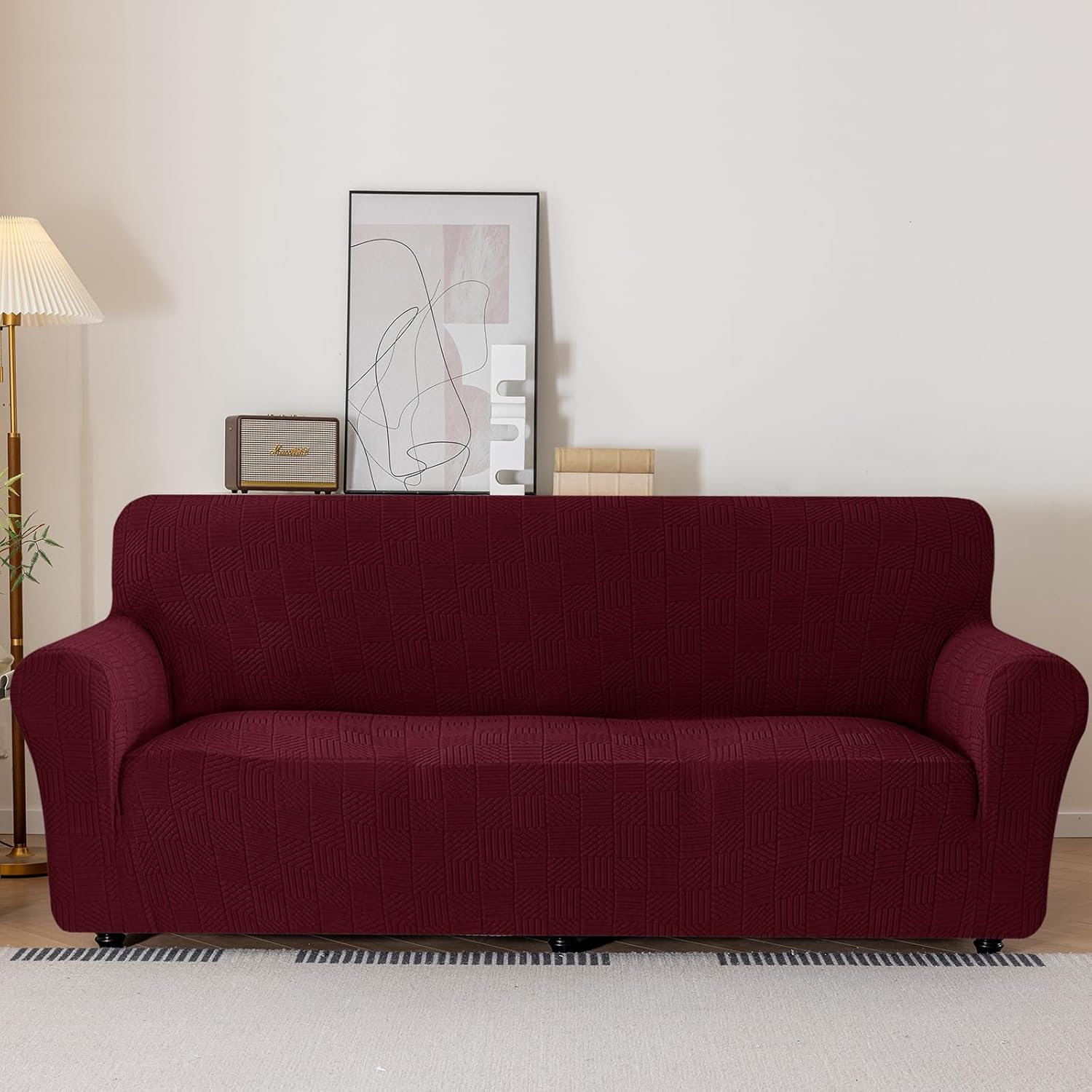 Thumbnail 1 de Ystyle Housse de canapé 2 places extensible bordeaux (139-175 cm) avec accoudoirs, antidérapante et lavable