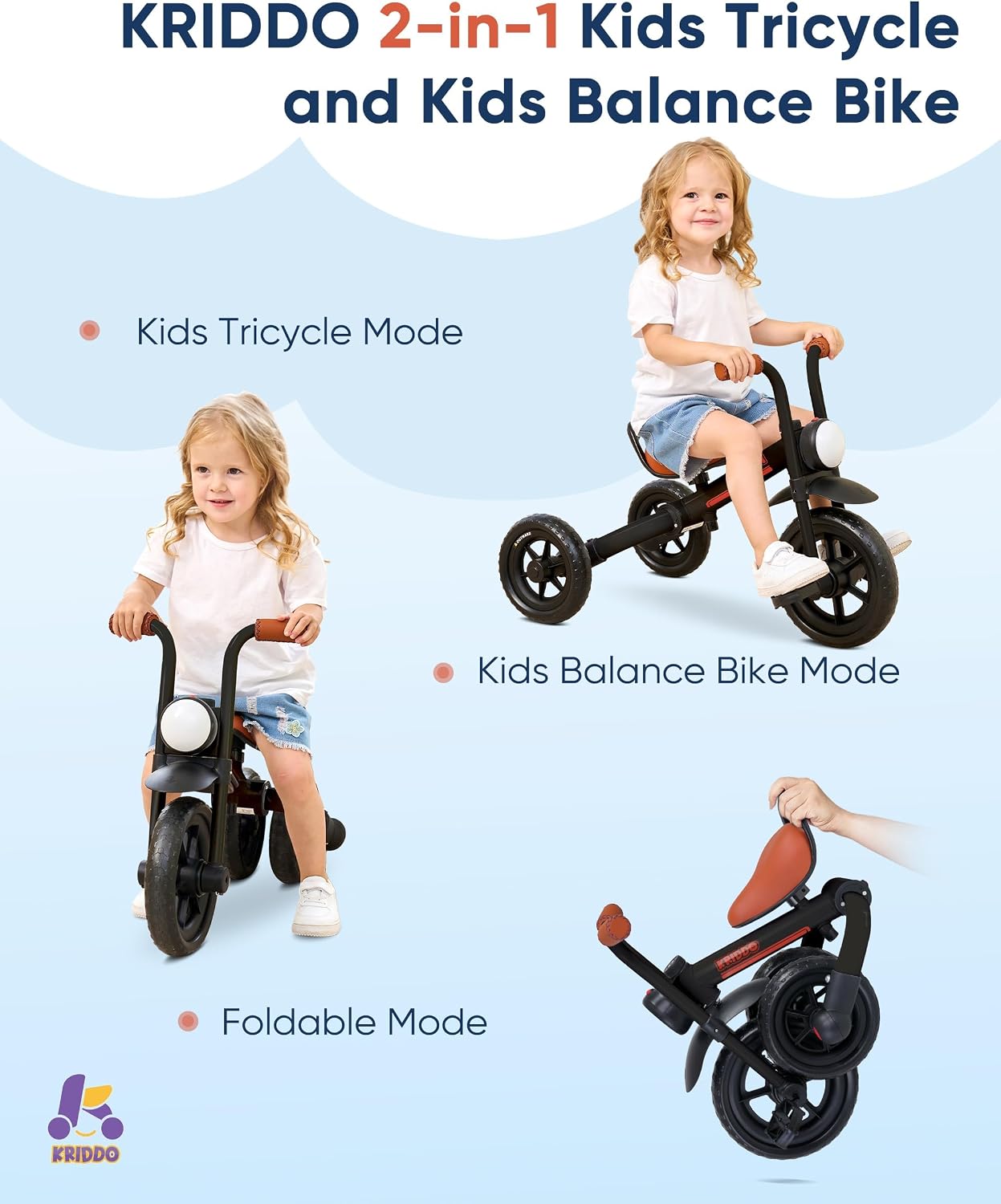Detalle de KRIDDO 2-in-1 Kids Balance Bike and Tricycle (Detachable Pedals) for Ages 2–5, Black