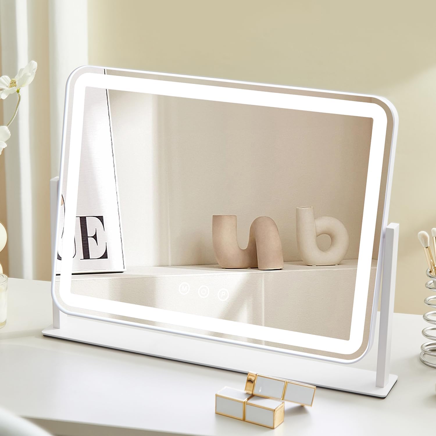 Detalle de HIEEY Vanity Mirror with Lights: 13.5" x 17.4" 3-Color Lighting, 5X Magnification, and 360° Rotation