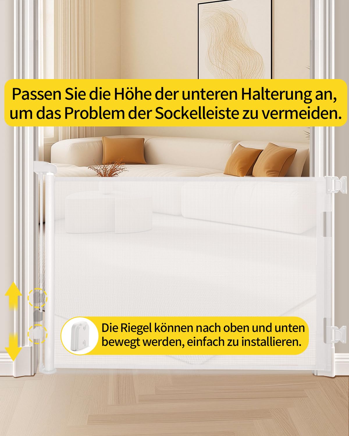 Thumbnail 2 de Retraktierbares Sicherheitsgitter für Babys & Haustiere – extra breit & hoch, 0–180 cm, für Türen & Treppen (weiß)