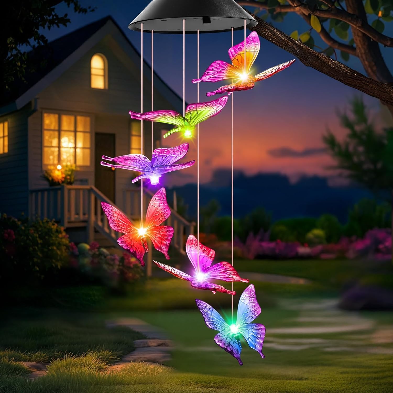 Winzwon Butterfly Solar Wind Chimes 6‑LED
