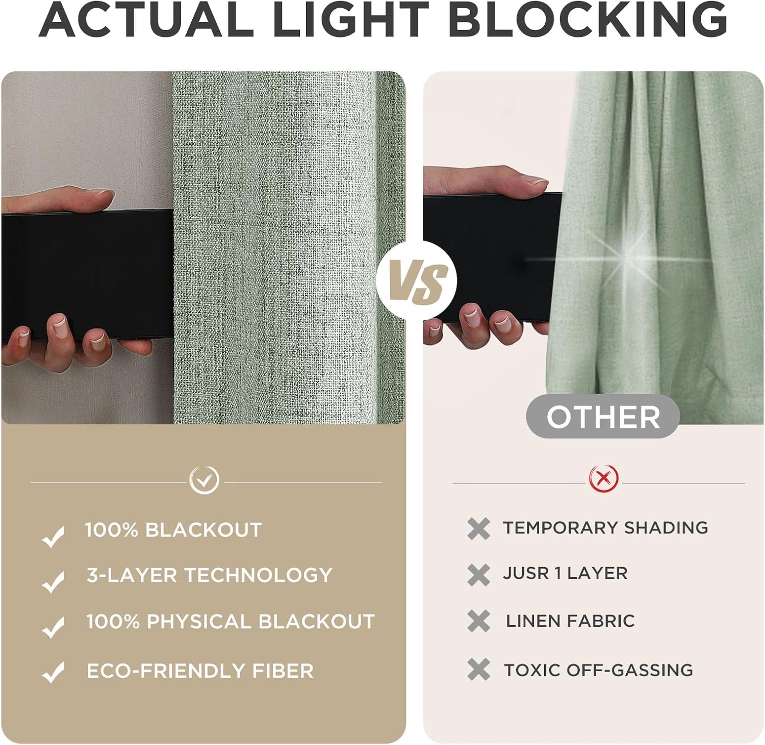 Detalle de Joydeco Blackout Curtains for Bedroom, 100% Light Blocking 2 Panels (Sage Green) 42" W x 90" L, Thermal Insulated Room Darkening