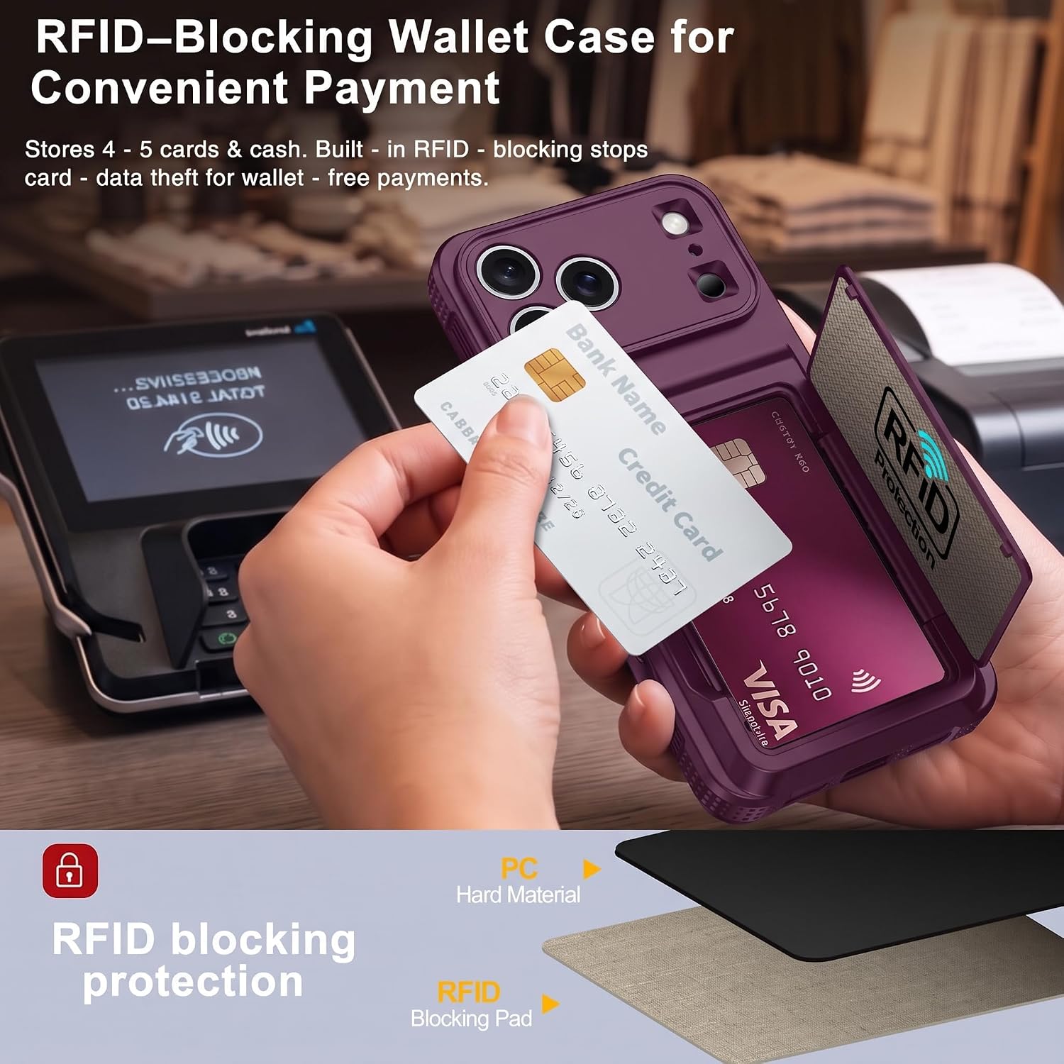 Detalle de Oneagle iPhone 18 Pro Wallet Case with Privacy Screen, Card Holder & Stand