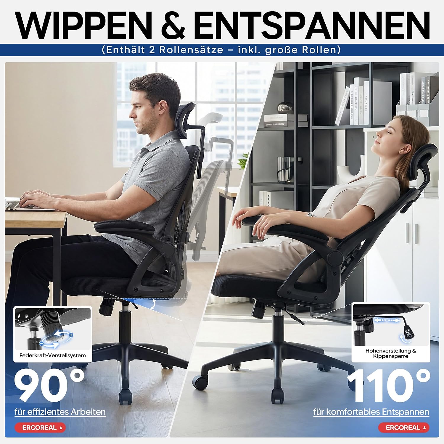 Thumbnail 4 de Ergoreal Ergonomischer Mesh-Bürostuhl für Home Office – verstellbare Lendenstütze, 2D-Kopfstütze, klappbare Armlehnen, bis 150 kg