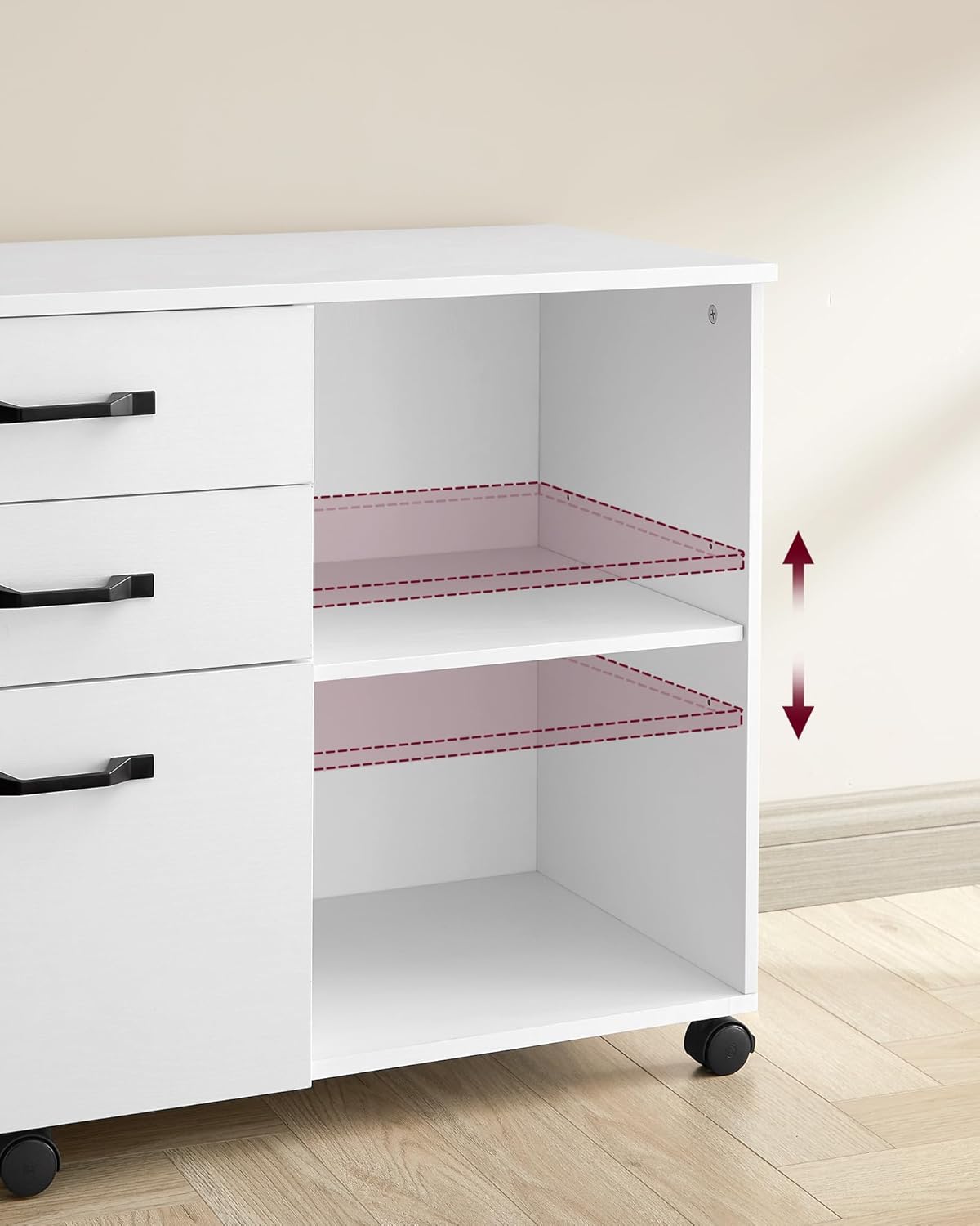 Detalle 2 de VASAGLE Rollcontainer OFC041W46 – Aktenschrank mit 3 Schubladen, Druckerständer, Rollen, weiß mit Holzmaserung