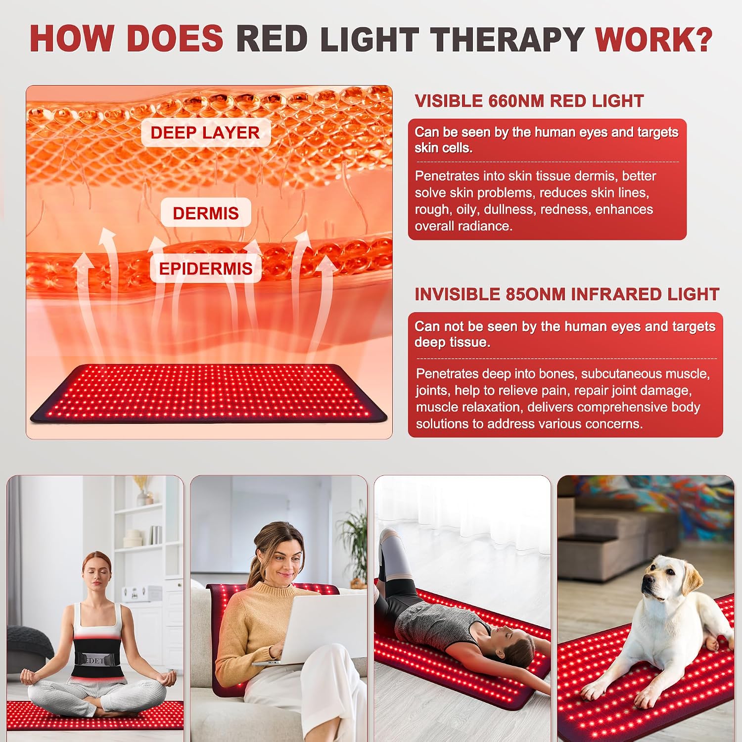 Detalle 2 de Pedete Red Light Therapy Mat for Body (39”×24”) with 660nm/850nm Dual Spectrum, 61W, Timer Remote