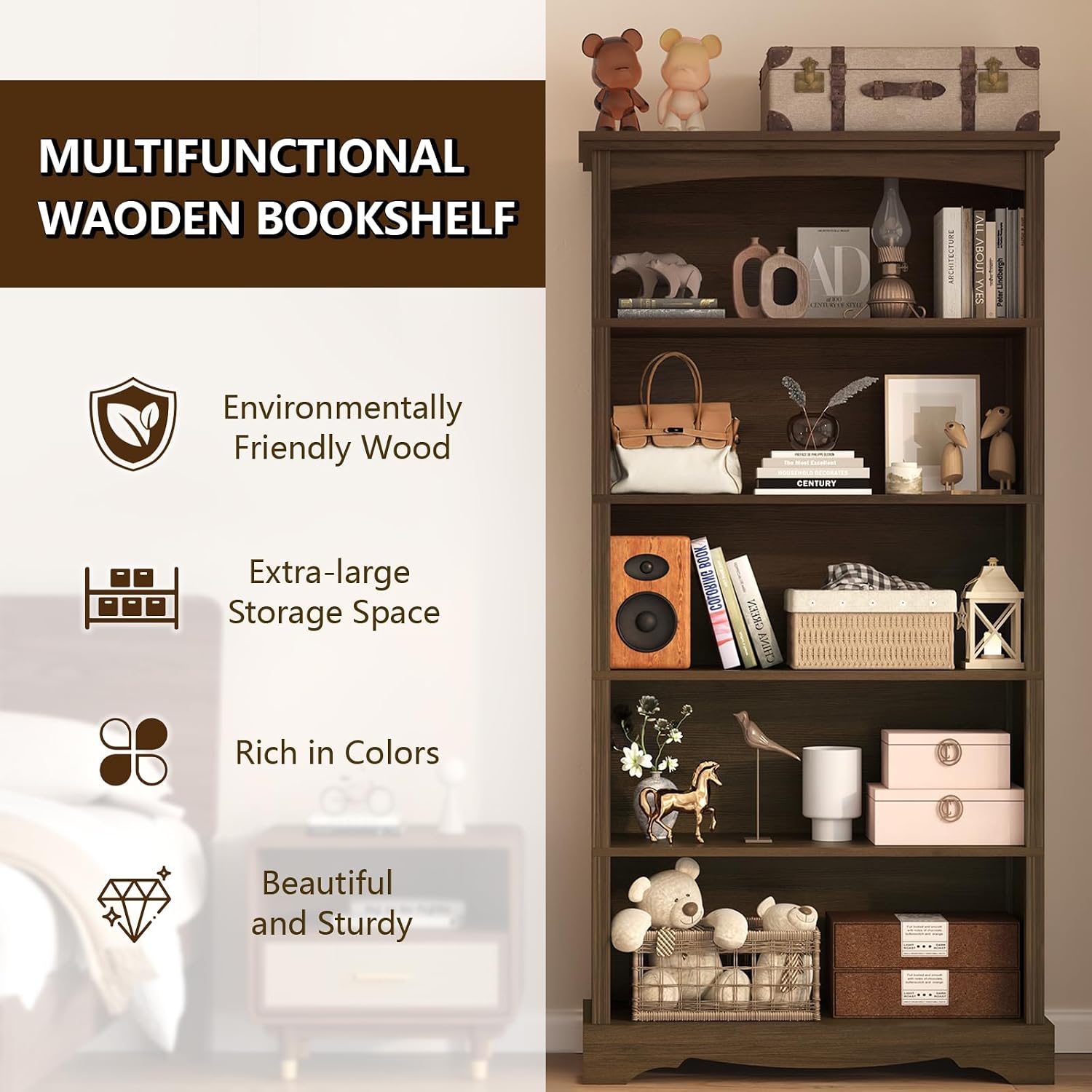 Thumbnail 2 de TVU 5-Tier Wooden Bookshelf (Brown) – Tall, Sturdy Floor-Standing Display with 5 Shelves