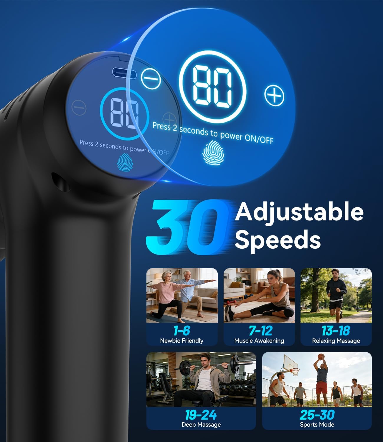 Thumbnail 2 de Mini Pistola Massaggio Muscolare 30 Velocità, 450 g, Ultraleggera, Silenziosa 35dB con 4 Testine, ricarica USB-C e Display LED