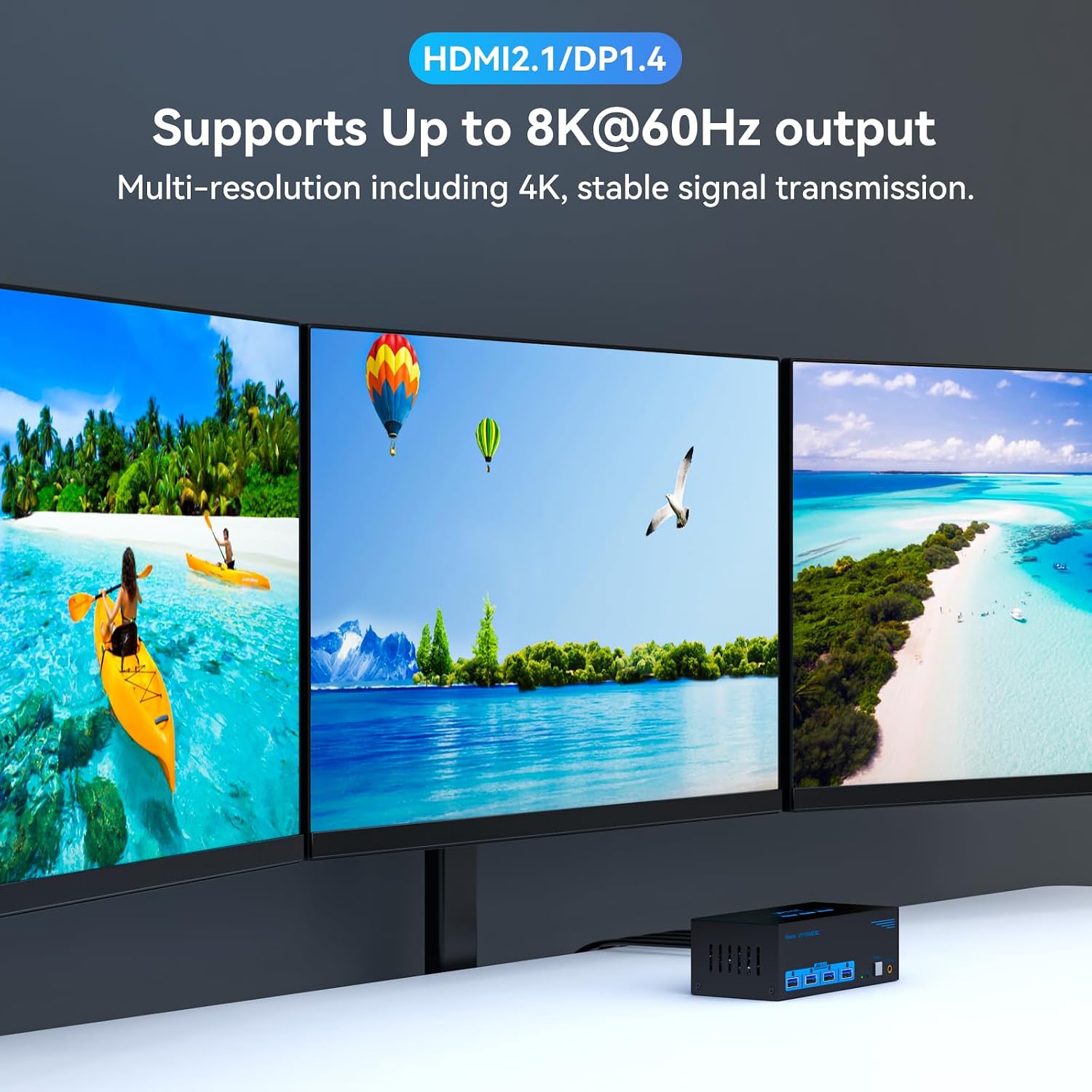 Detalle 1 de VPFET SW232-Deep Blue Triple-Monitor KVM Switch, 8K@60Hz, 4K@120Hz, USB 3.0