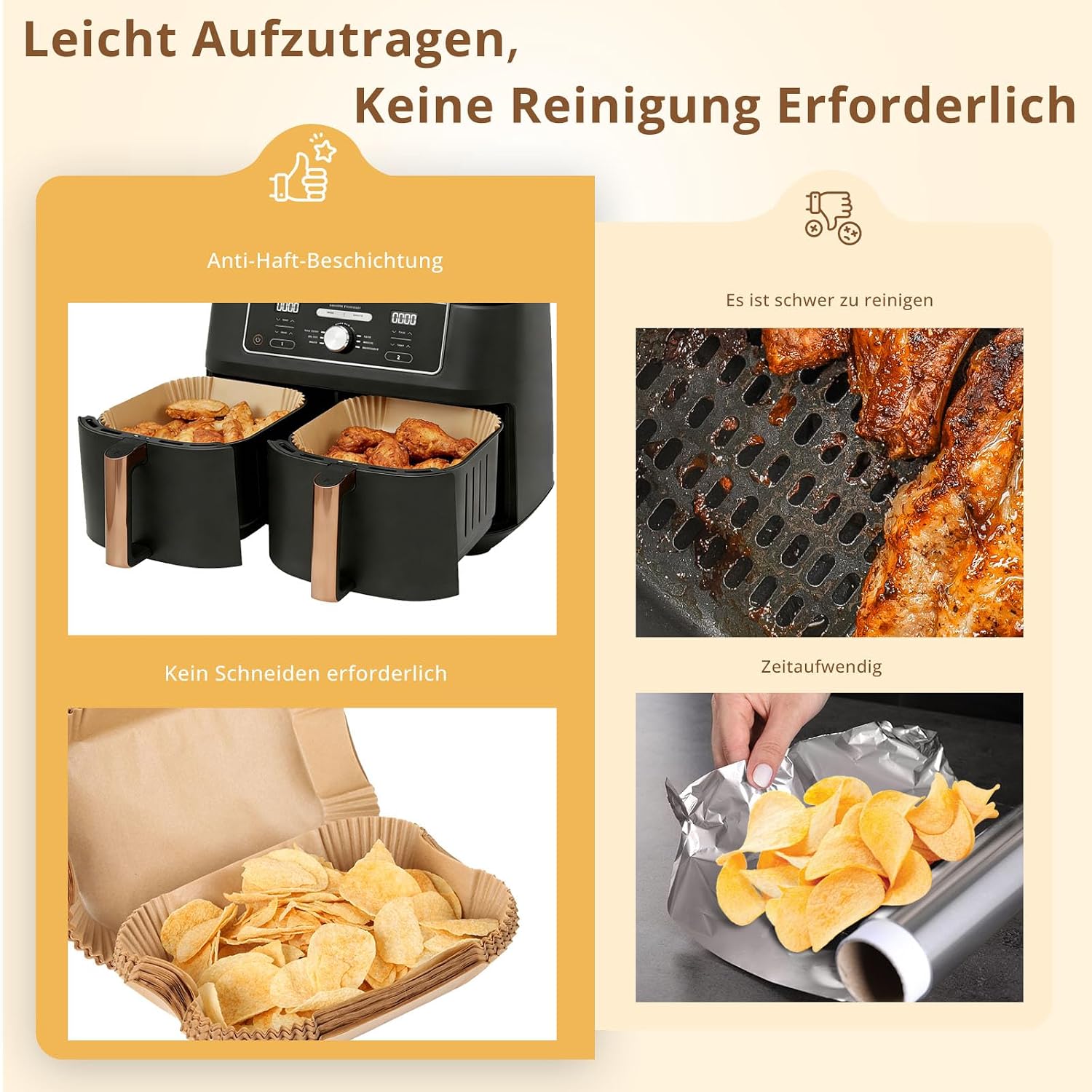 Detalle 2 de 150 Stück Backpapier für Heißluftfritteuse Ninja Dual (AF300EU/AF400EU, 20,5 x 14 cm) – Einweg-Pergamentliner