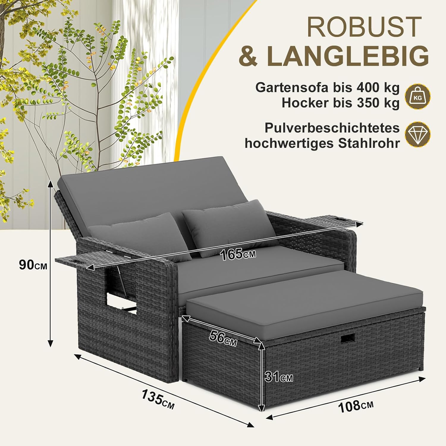 Thumbnail 1 de UDPATIO Rattan Lounge Möbel Outdoor – Verstellbares 2-Sitzer Gartensofa mit Stauraum, Hocker und verstellbarer Rückenlehne