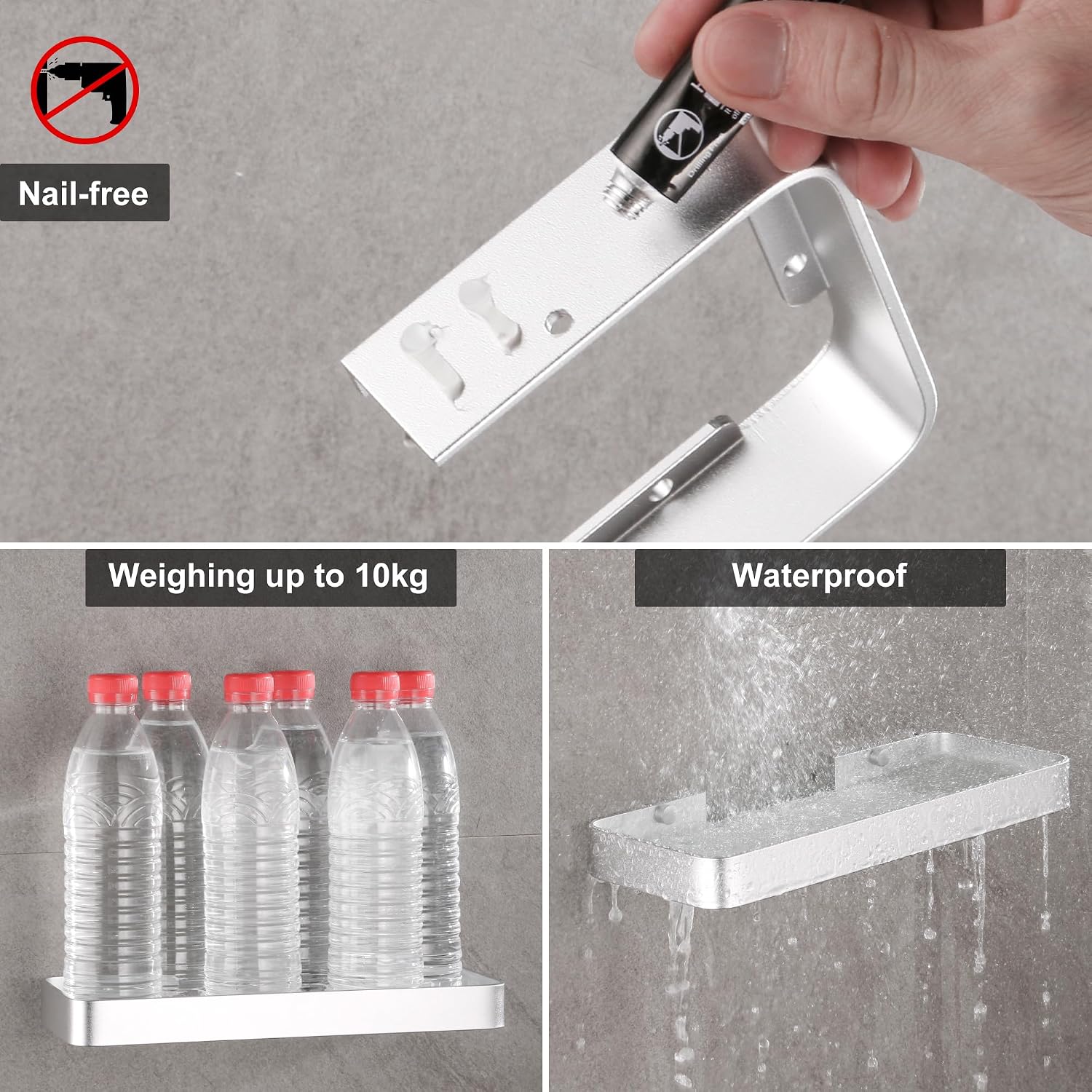 Thumbnail 1 de DUFU mensola bagno adesiva per doccia senza foratura in vetro temperato e alluminio spaziale (25 cm) argento