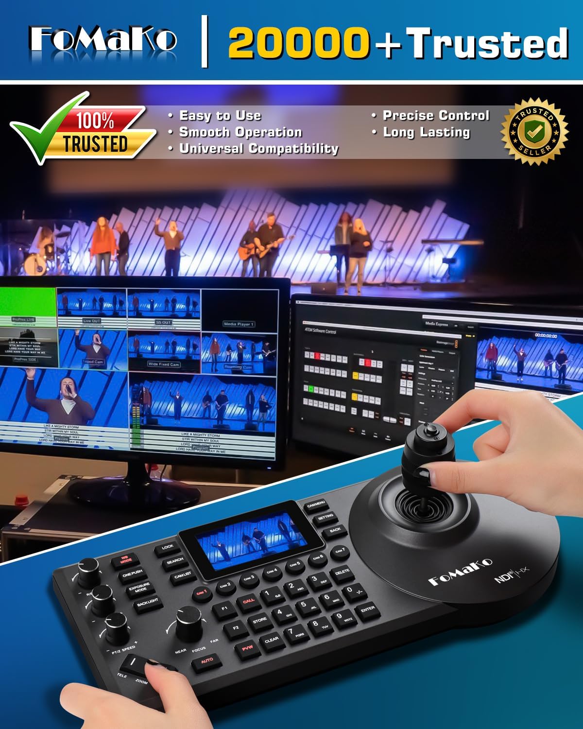 Thumbnail 1 de FoMaKo KC608 Pro NDI PTZ Camera Controller (Black) with PoE, 4D Joystick and LCD Preview