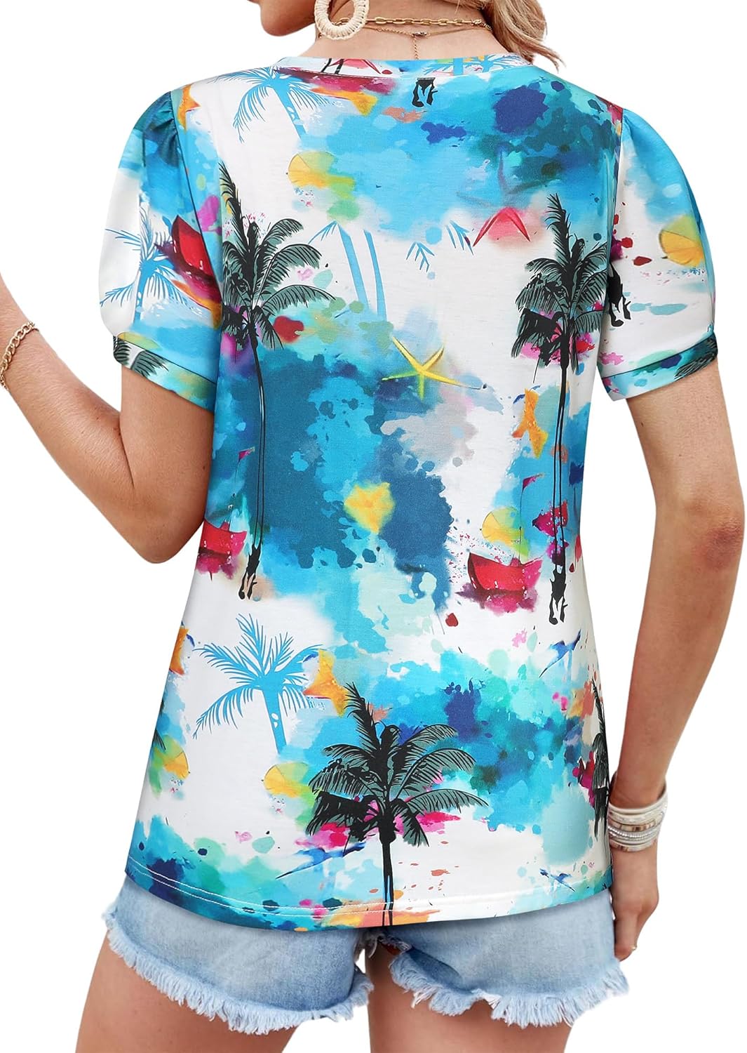 Thumbnail 3 de WIEIYM women’s v-neck floral pleated puff short-sleeve tropic t-shirt blouse