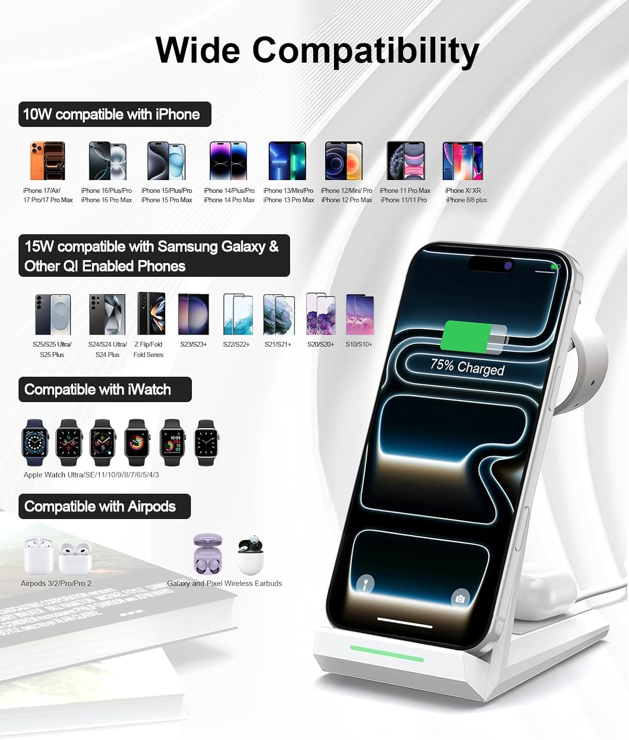 Thumbnail 1 de ADADPU 3-in-1 Wireless Charger with 15W Fast Charging for iPhone, Apple Watch and AirPods