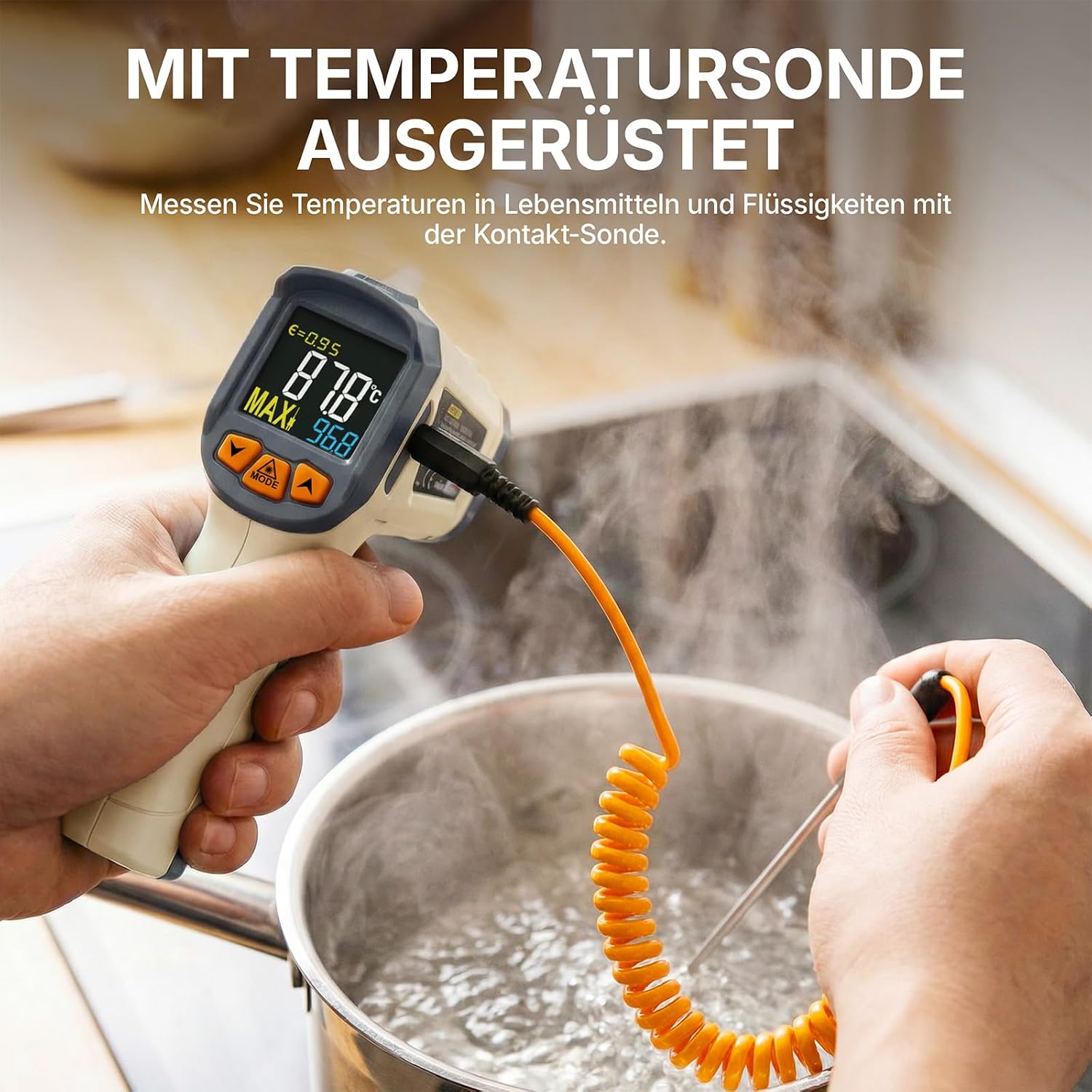 Detalle de Infrarot Thermometer von Tilswall – -50 bis 800 °C, K-Sonde, LCD Display (nicht für Menschen)