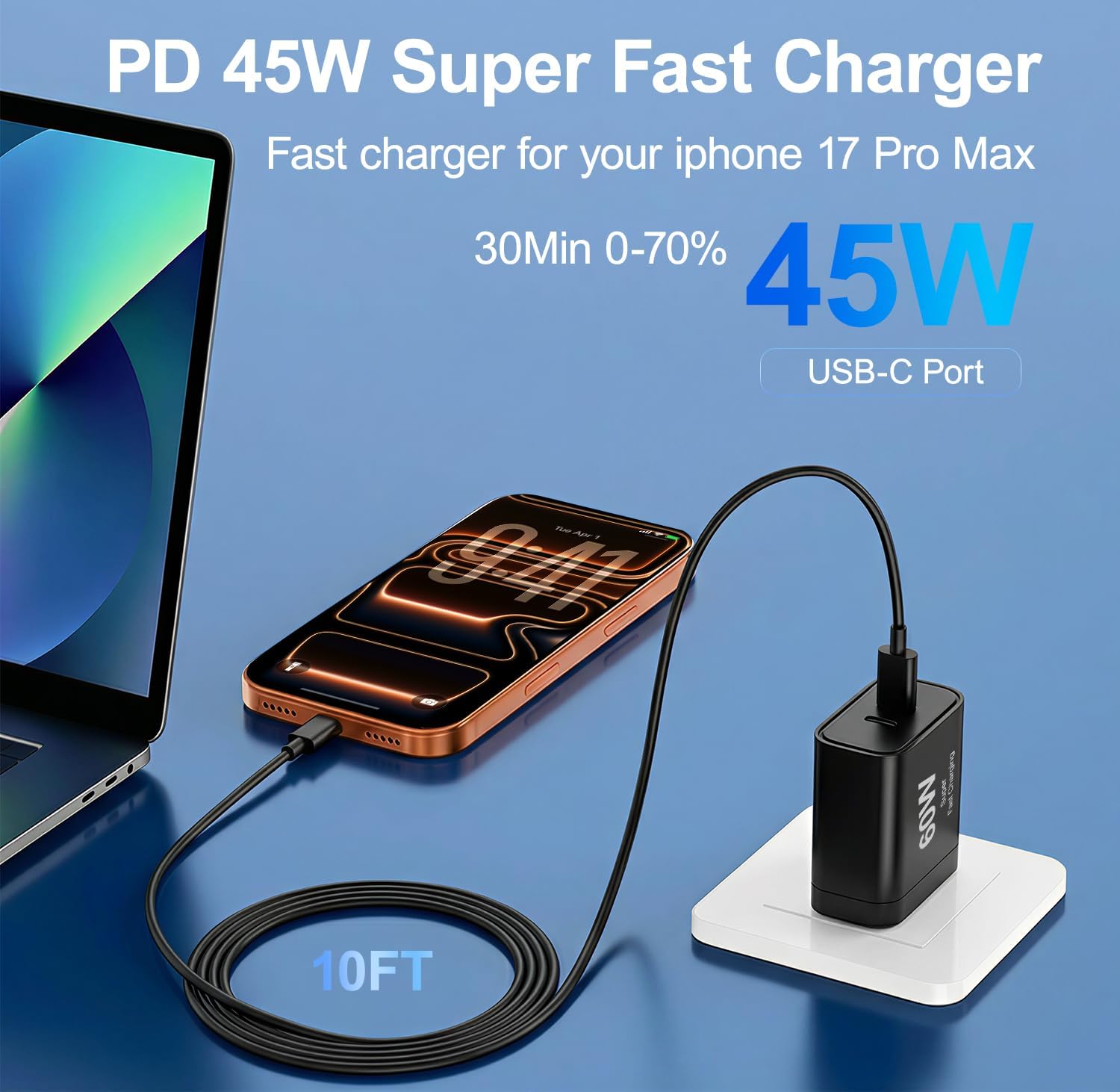 Thumbnail 2 de iPhone 17 Charger: 45W Dual-Port USB-C Fast Charger with 10ft Cable