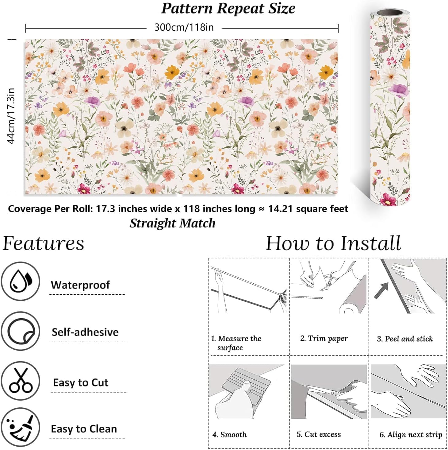 Thumbnail 4 de ANHUIB Blumen Tapete zum Selbstkleb en im Boho-Aquarell-Stil (44 x 300 cm) – Vinyl, abnehmbar, wasserdicht