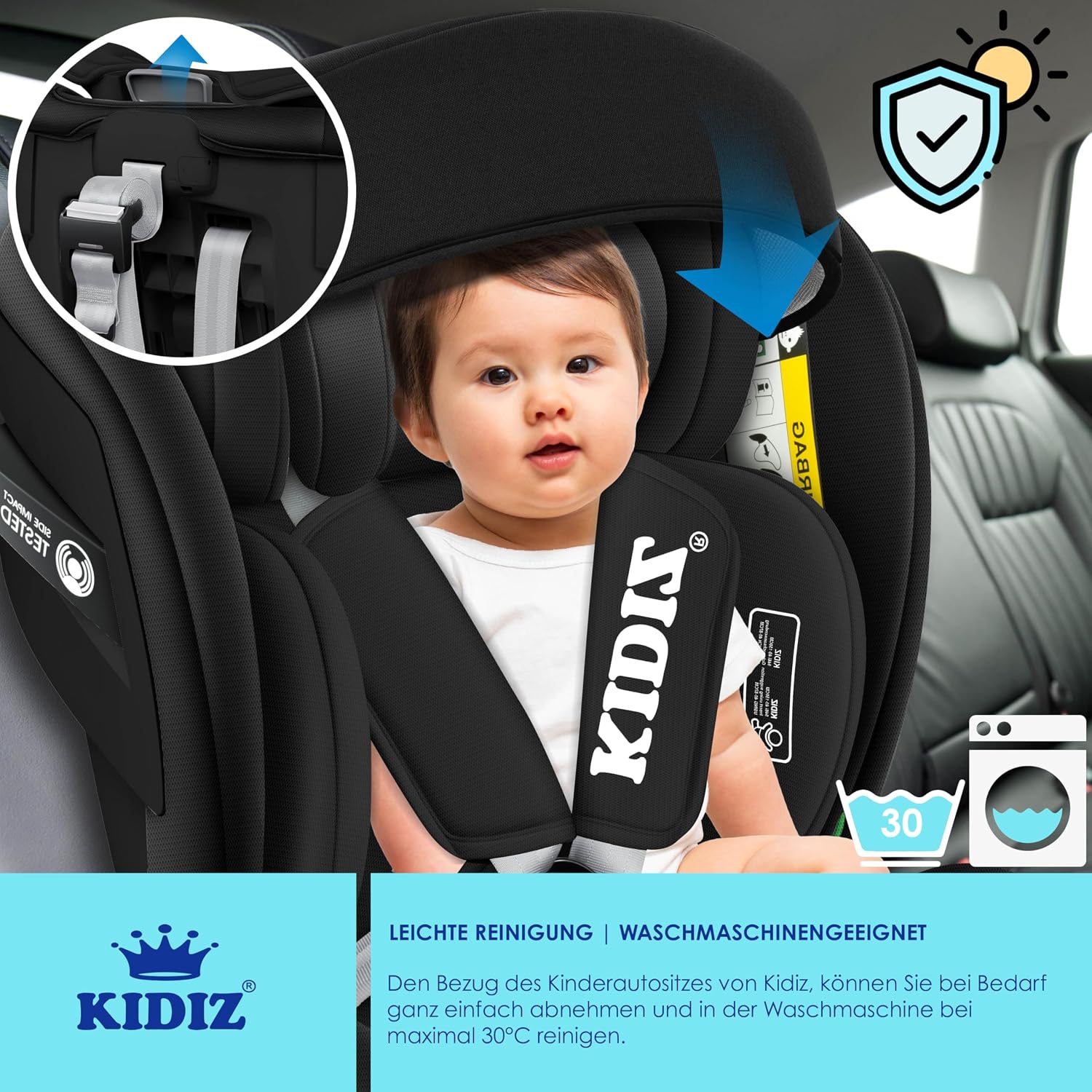 Thumbnail 4 de KIDIZ Autokindersitz mit ISOFIX i-Size R129 (100–150 cm) bis 12 Jahre, 5-Punkt-Gurt, höhenverstellbare Kopfstütze – Schwarz