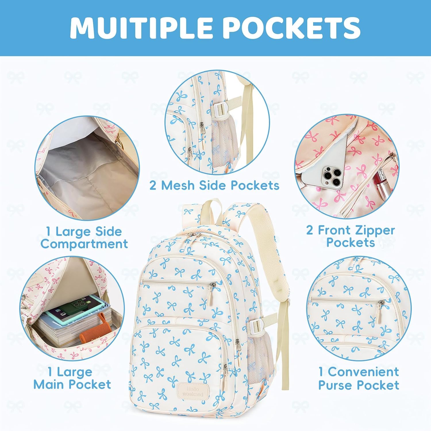 Detalle de Aucuu Aesthetic School Bag Set for Girls (3 pcs) – Bow Backpack with Crossbody Bag & Pencil Case