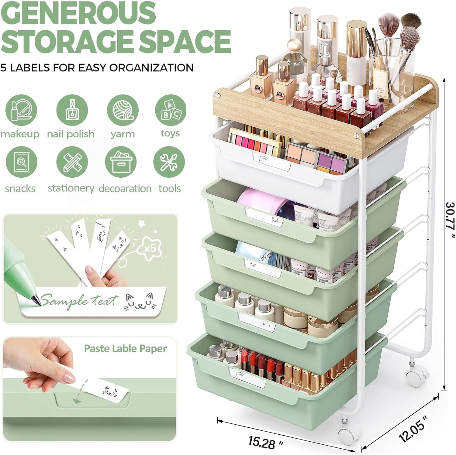 Detalle de SYKIARIOL 1431+1233+1432 5-Drawer Rolling Craft Cart, Green