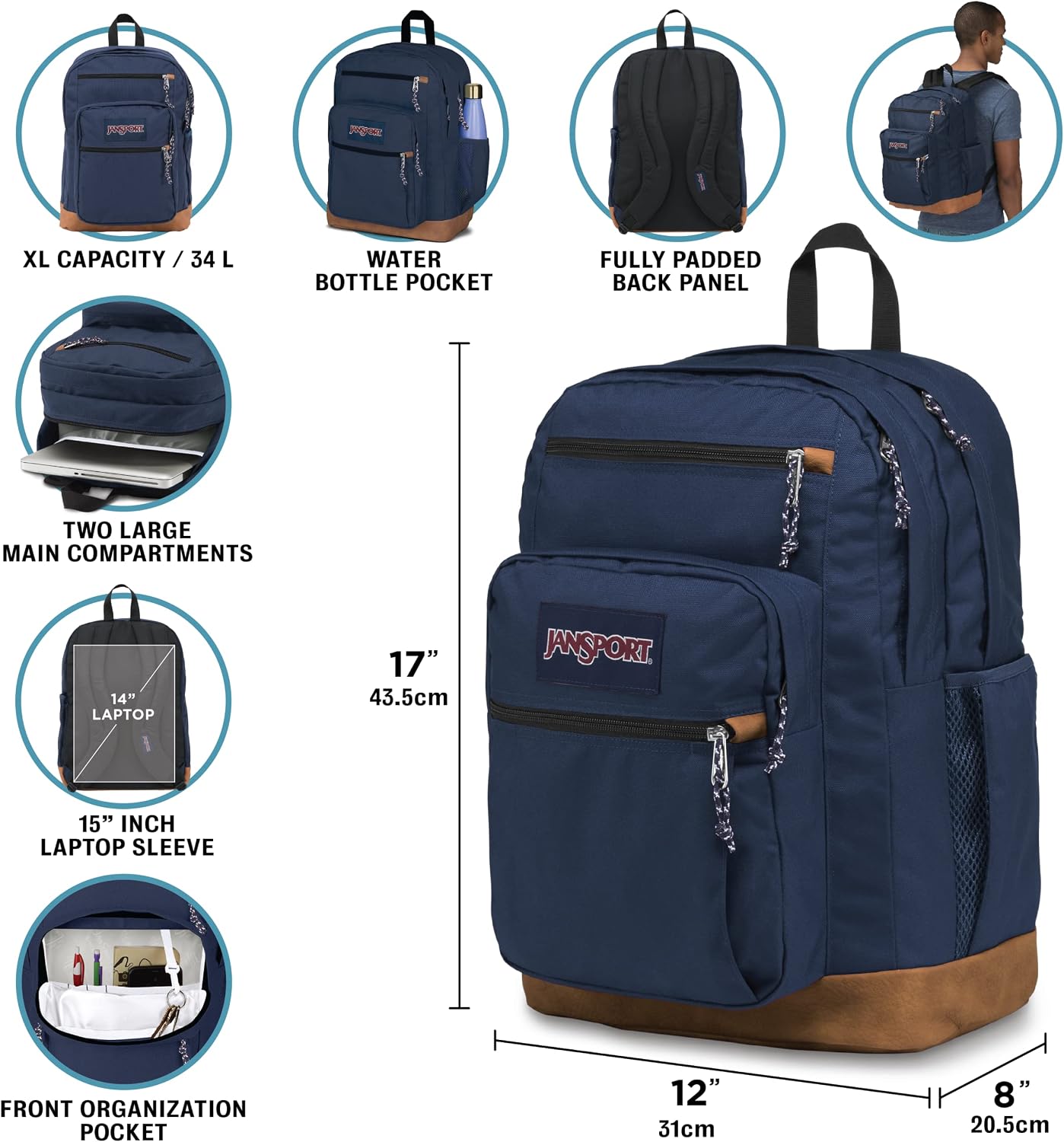Detalle de JanSport Cool Backpack with 15-Inch Laptop Sleeve (Large) – Ergonomic, Durable, Classic Black