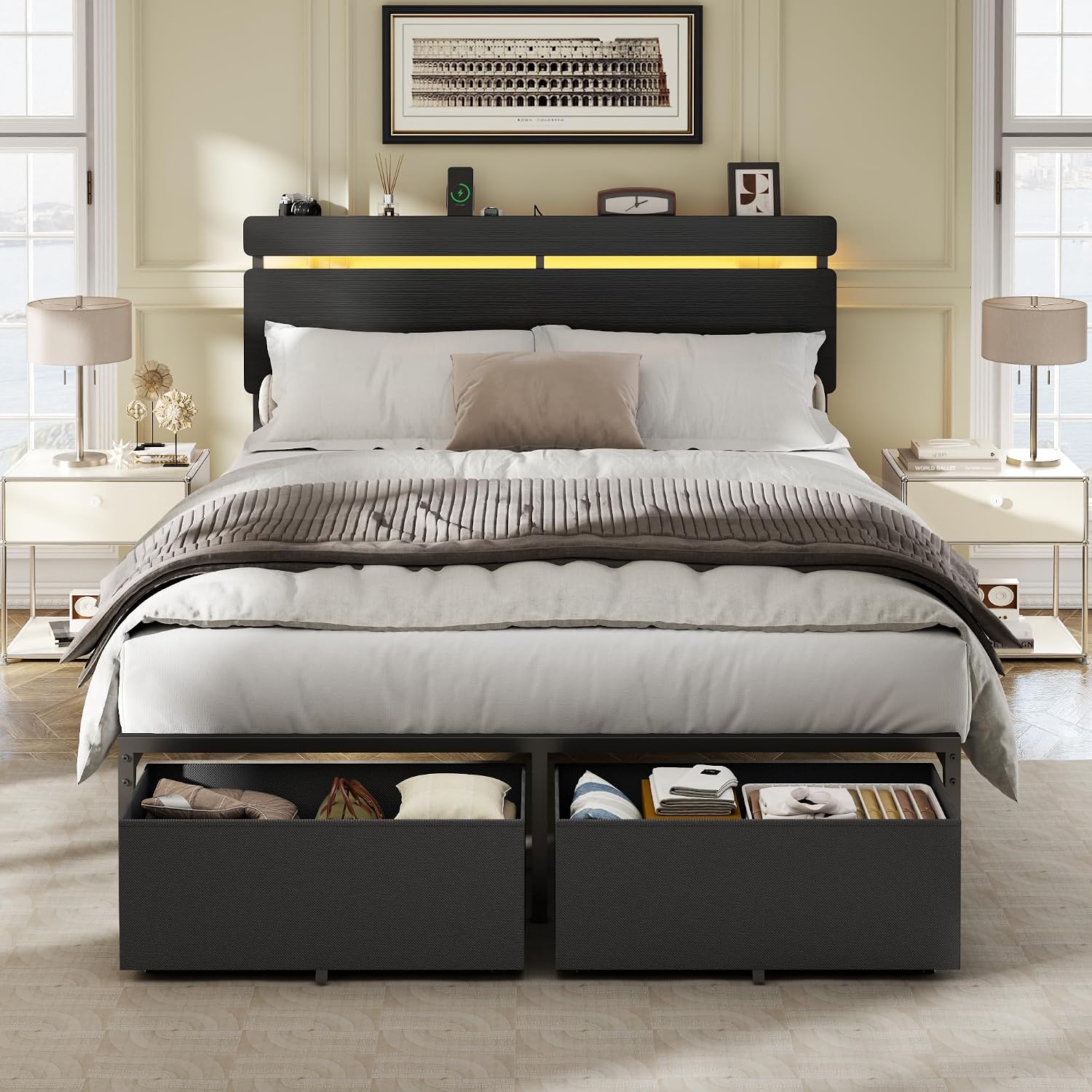 Detalle de Forestell Full Size Bed Frame with Wood Headboard, Storage, RGB LEDs and USB-C