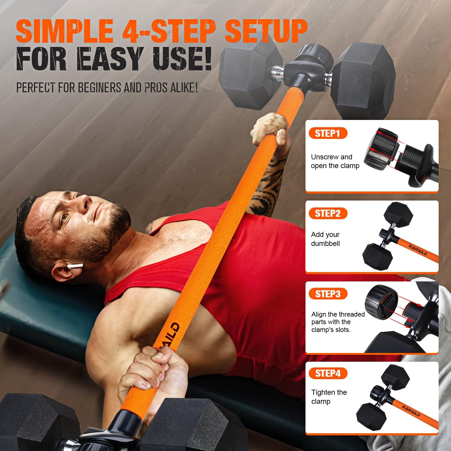 Detalle 2 de Rawaild Dumbbell Converter Bar with Foam Handle and Rotating Lock