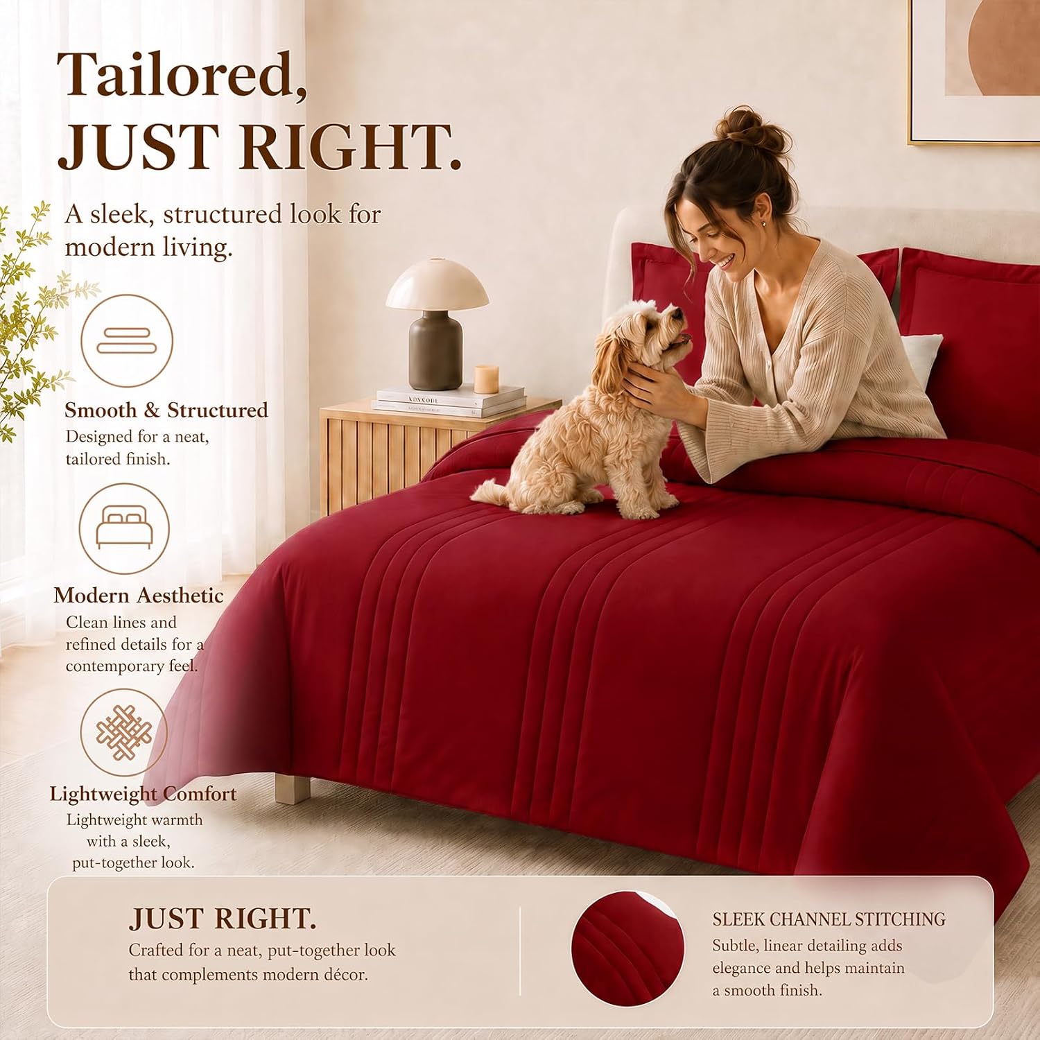Detalle de CozyLux CLUS25G90D9FU Full-Size Comforter Set, Dark Red, 240 GSM