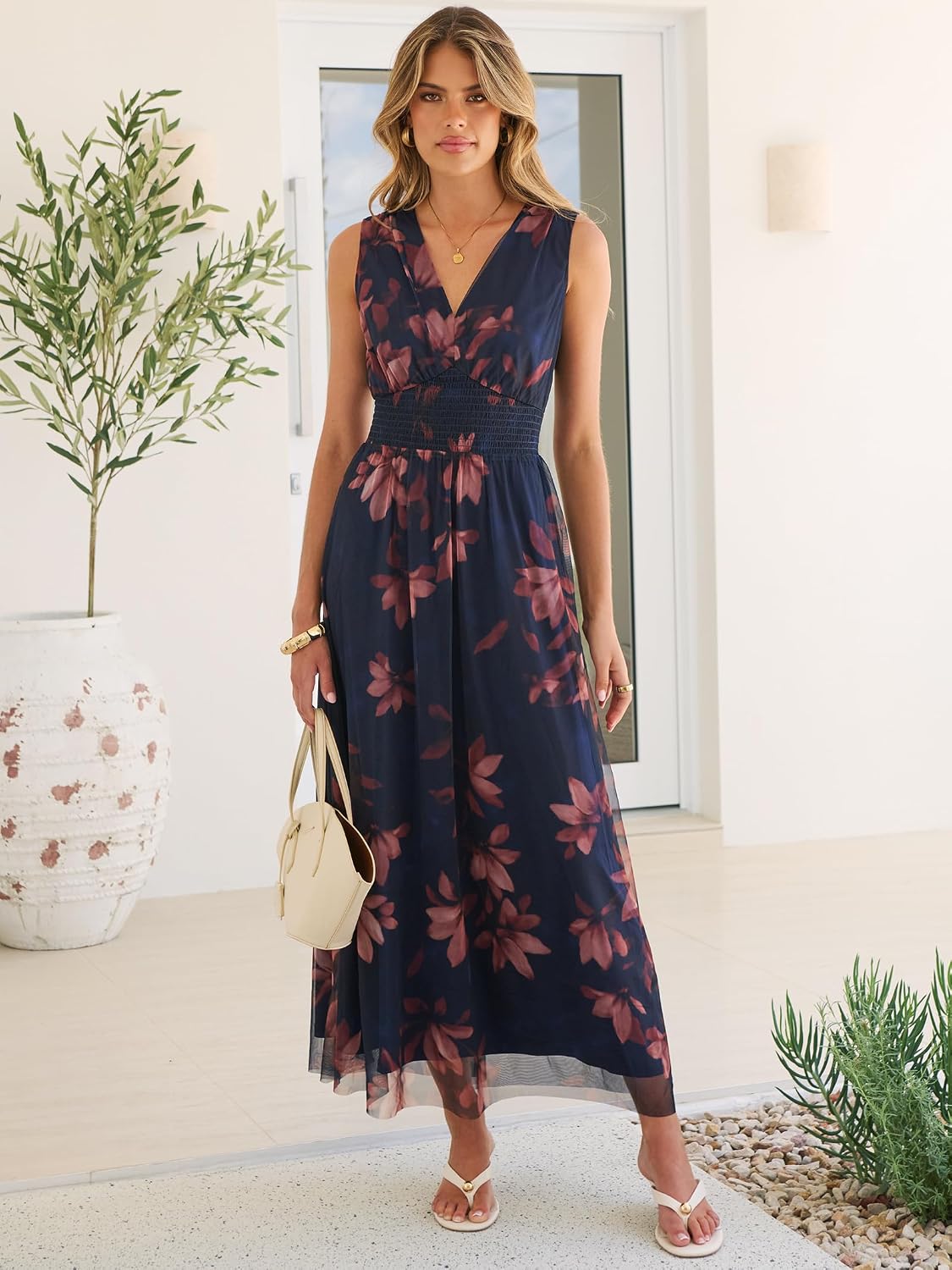 Detalle de ANRABESS Women’s Floral Summer Maxi Dress (V-Neck, Sleeveless, A-Line)